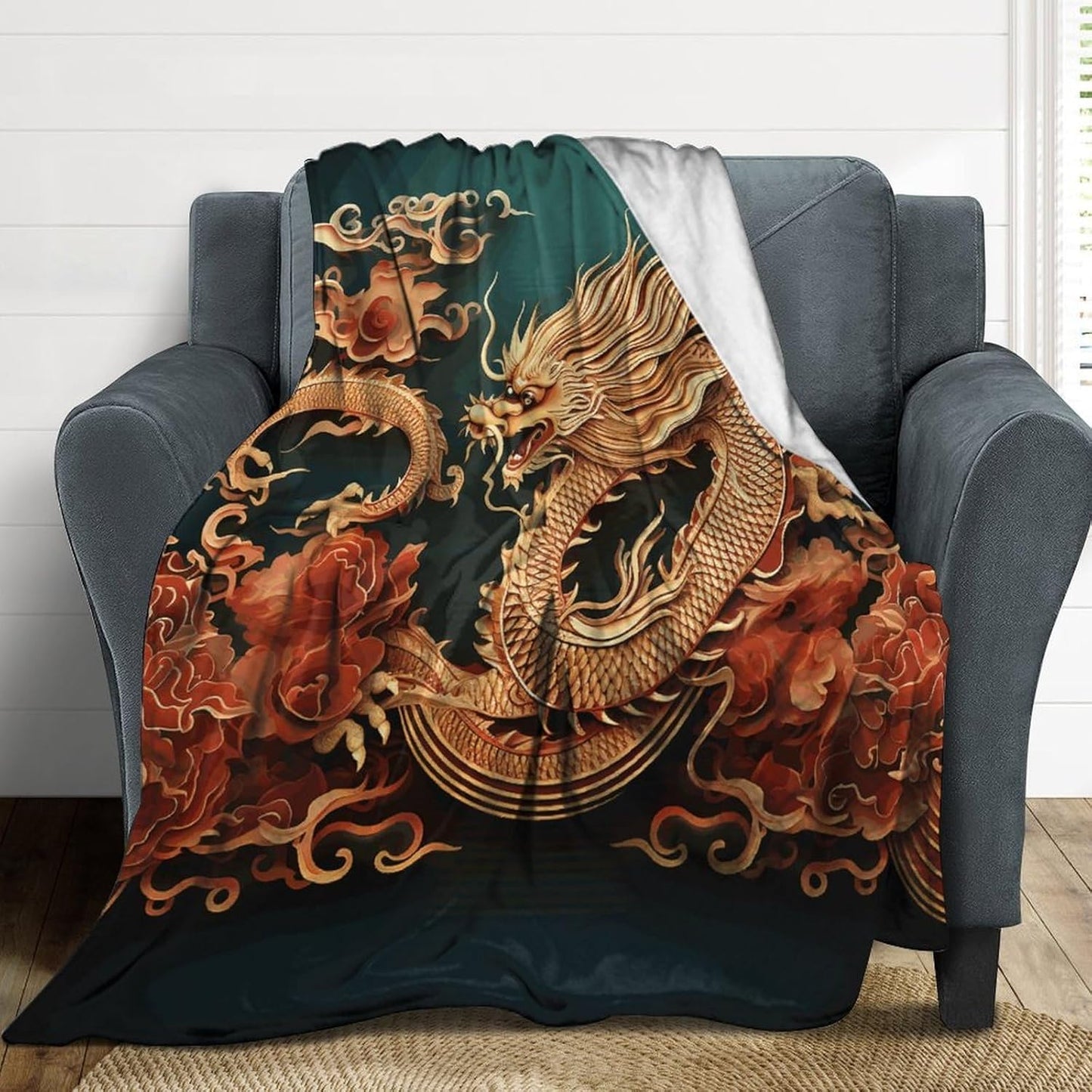 Dragon Chinese Background Throw Blanket for Couch Super Soft Warm Lightweight Throw Blankets Cozy Flannel Bed Blanket Cute Decorative Blankets for All Seasons Home Decor Gift 30"*40"（76 * 100cm）