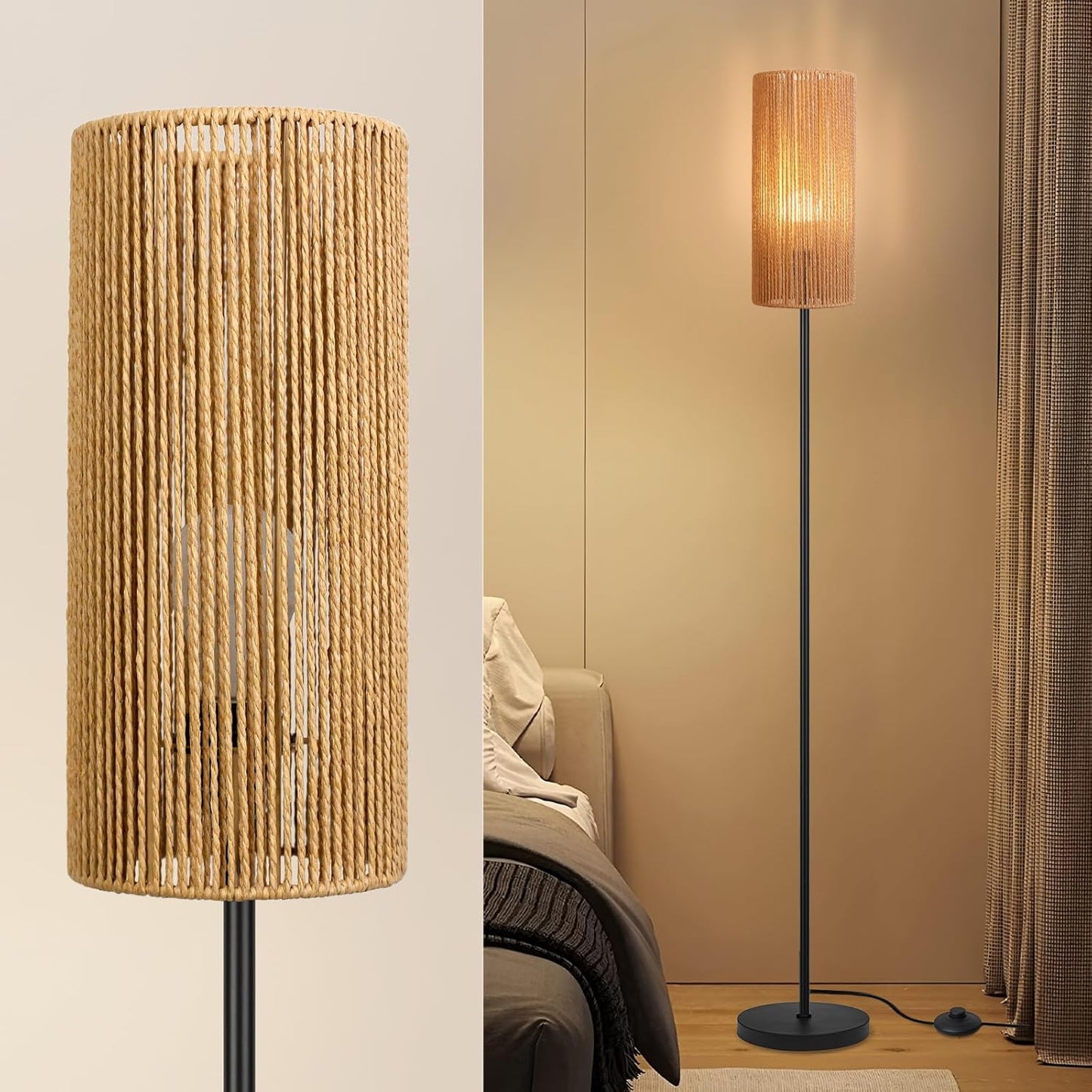 Floor Lamp for Living Room,Farmhouse Floor lamp,Modern Standing lamp with Hand-Worked Rattan Shade (Straight Line Rattan Shade- 3 Color Bulb)