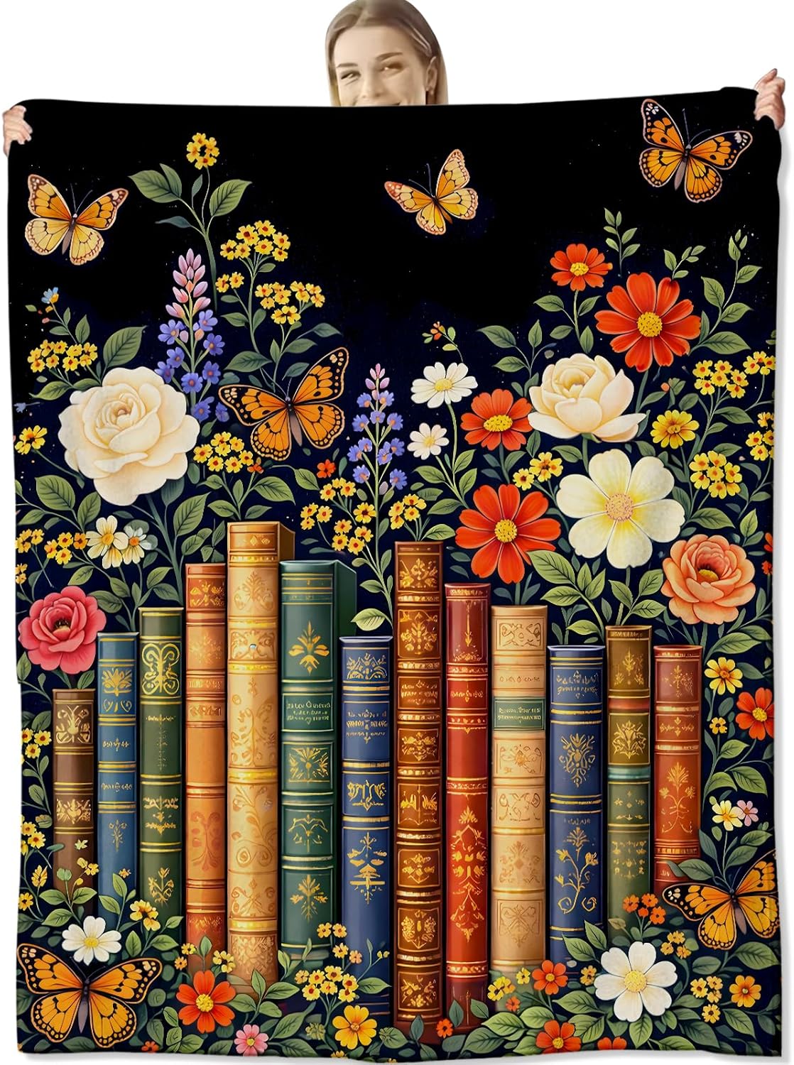Book and Butterfly Throw Blanket for Book Lovers, Vintage Floral Library Art Flannel Throws Blankets, Reading Garden Gifts, Soft Warm Cozy for Sofa Couch Bed Home Decor 60" x 50"