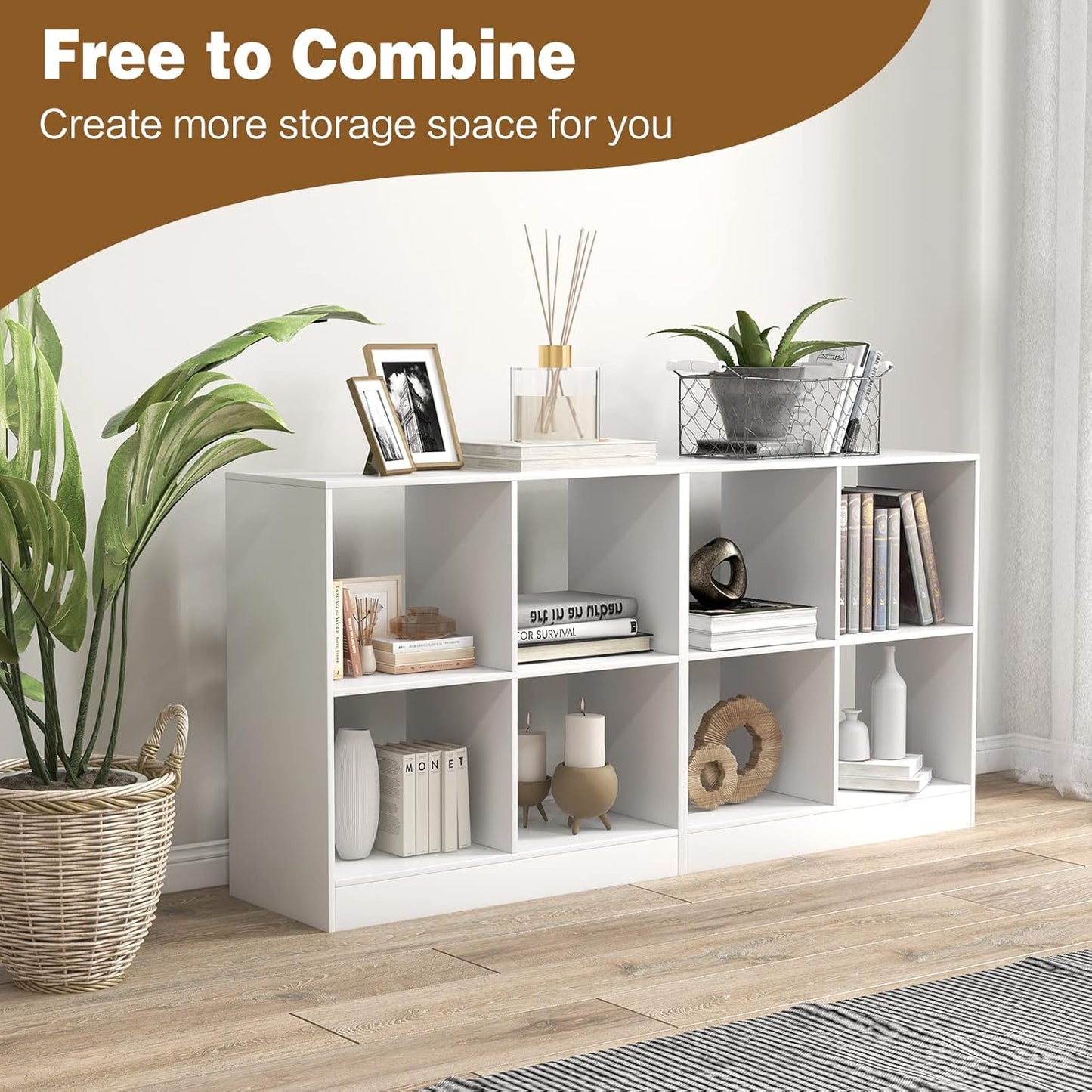 Nightcore 4-Cube Storage Bookcase, 2-Tier Freestanding Wooden Organizer with Anti-Tipping Device, Modern Display Storage Cabinet, Floor Open Bookshelf for Living Room, Bedroom, Study (White)