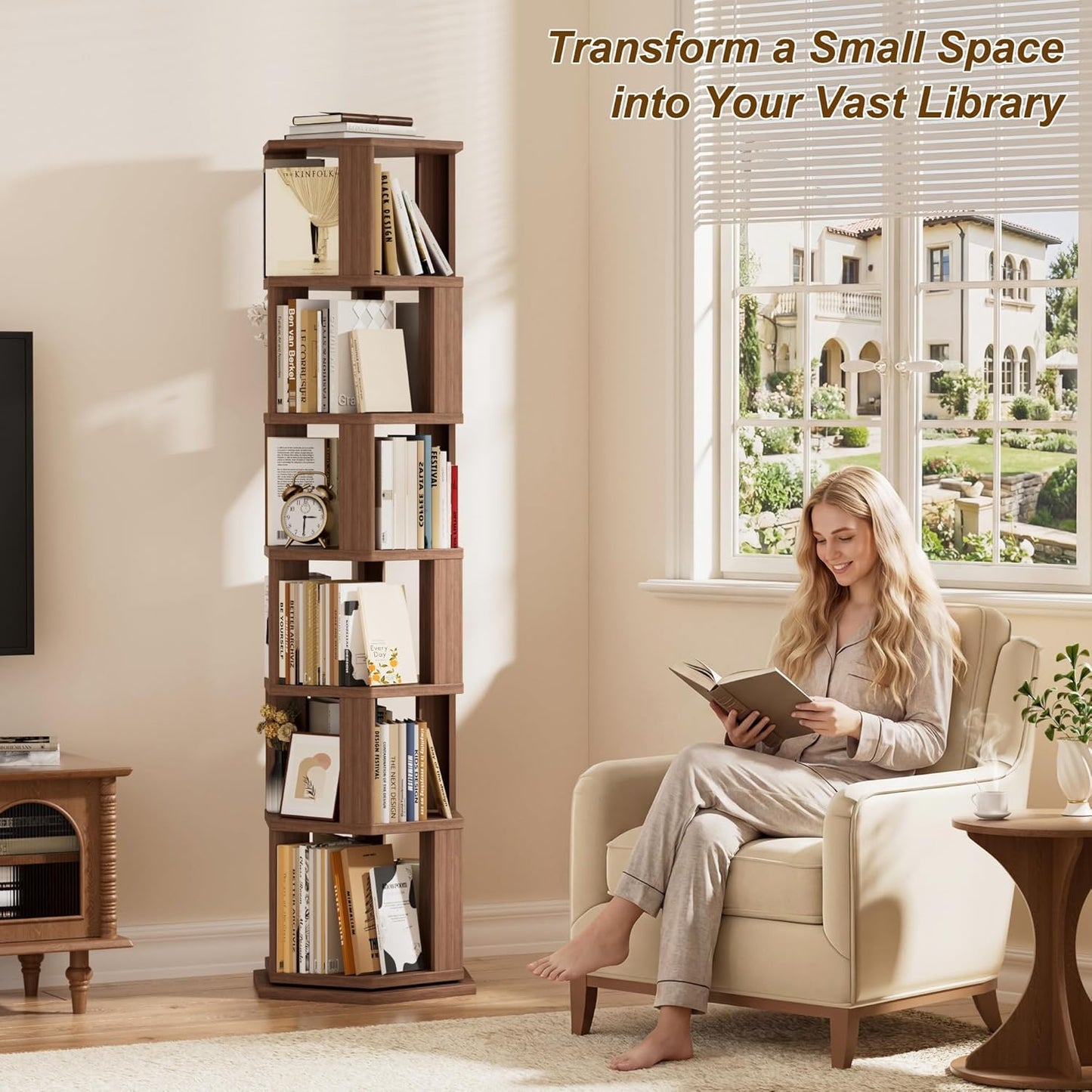 Rotating Bookshelf Tower, 6 Tier Spinning Book Shelf, Wood Round Revolving Bookcase, Narrow Rolling Bookshelves, Vertical Book Storage for Corner Small Spaces, Bedroom, Living Room,Walnut