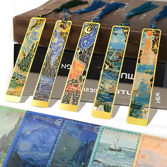 5 Pcs Metal Bookmarks with Tassel, Oil Painting Scenery Theme Exquisite Bookmarks, Book Accessories Gifts for Book Lovers Writers Readers Children Teens Men Women Adults (Scenery-5pcs)