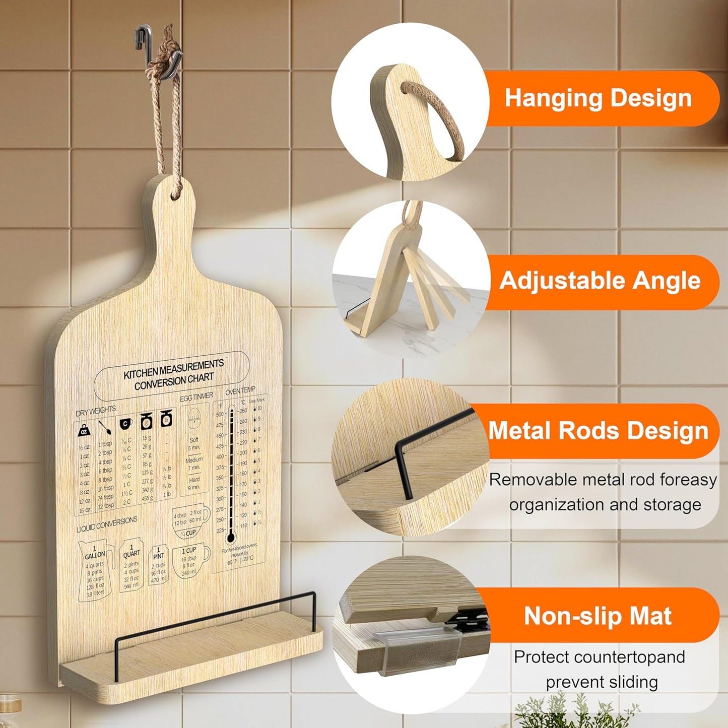 Bamboo Cookbook Stand, Adjustable Cookbook Holder Stand, Recipe Book Holder with Measurement Conversion Chart, Cook Book Stand for Kitchen Counter, Essential Accessories Gifts for Bakers Women