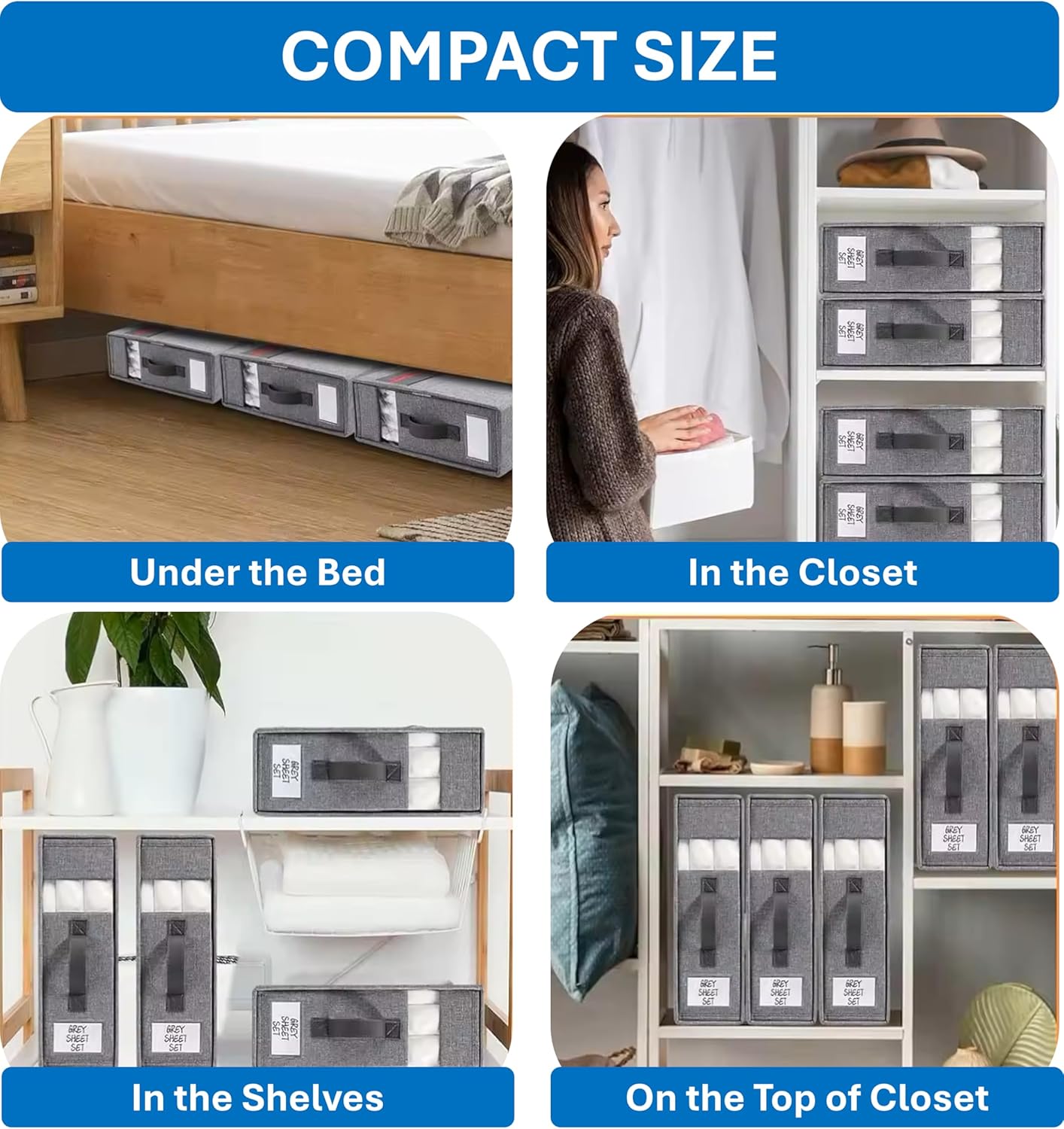 4pcs Bed Sheet Organizers and Storage | Foldable Bed Sheet Organizer Set for Linen Closet with Window, Bedding Storage Box for Bedsheets, Duvet Covers and Pillow (Queen & King Size)