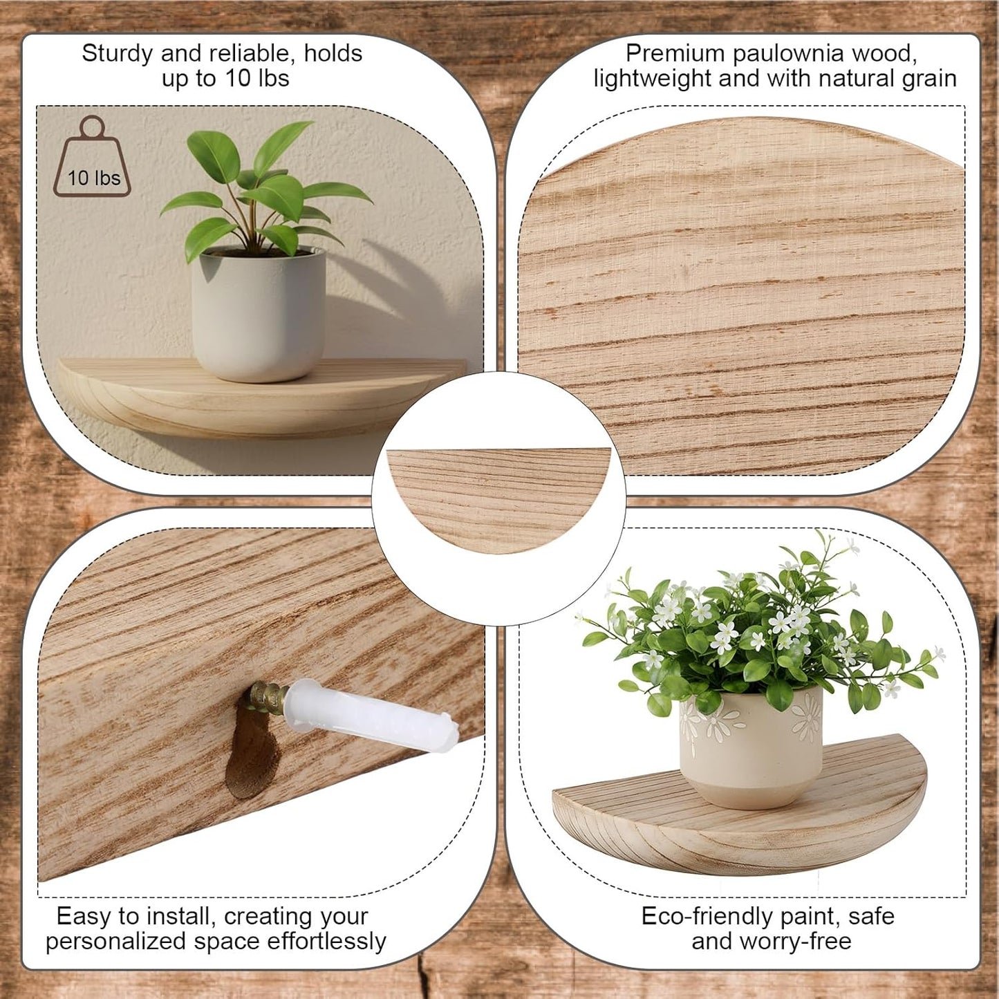 4 Pcs Solid Wood Half Round Floating Wall Shelves, Elegant Floating Wooden Shelves, 8.27 Inch Wall Shelf for Living Room, Bathroom, Bedroom, Offices, Pictures Plant Book(Light Brown)