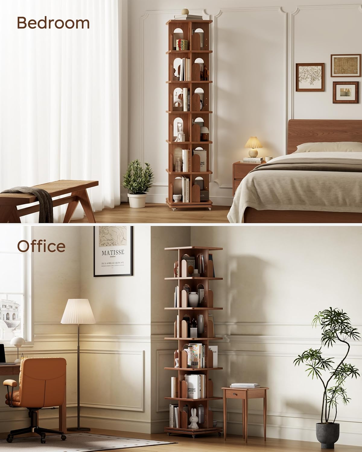 Solid Wood Rotating Bookshelf Tower with Book Ends, 6 Tier Corner Book Shelf with Wheels, Spinning Bookshelf Kids, Revolving Bookcase Shelf, Tall Narrow Book Case for Small Spaces, Walnut