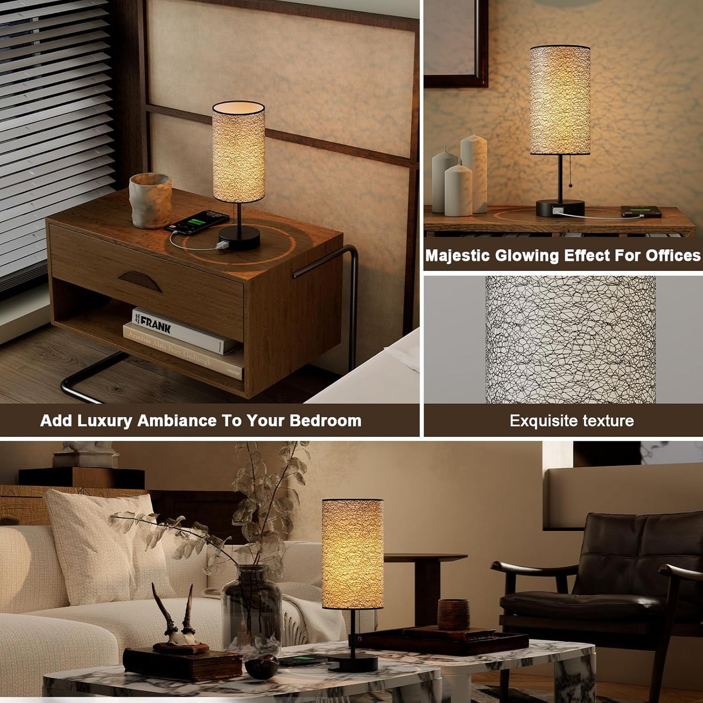 Table Lamp for Bedroom,Nightstand Lamp for Bedside with AC Outlets,Adjustable 3color LED Light Desk Lamp for Home Decor,Included Bulb and Lamp Shade (Black-OnlyAC, 2PCS)
