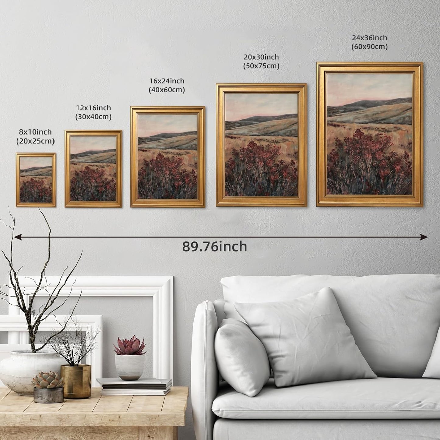 Gold Framed Landscape Canvas Wall Art Vintage Moody Dark Maroon Wildflower Oil Painting Poster Nature Botanical Flower Wilderness Picture Rustic Country Farmhouse Home Bedroom Decor 12x16inch