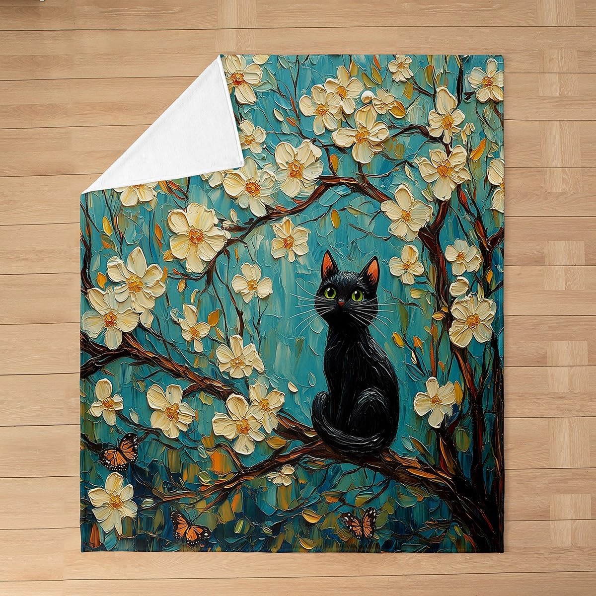 Feelyou Oil Painting Styles Floral Black Cat Plush Throw Blanket,Vintage Black Cat Bed Blanket Queen 90"x90",Kids Boys Girls Room Decor,Cute Animal Cat Flannel Fleece Blanket,Floral Cat Blanket