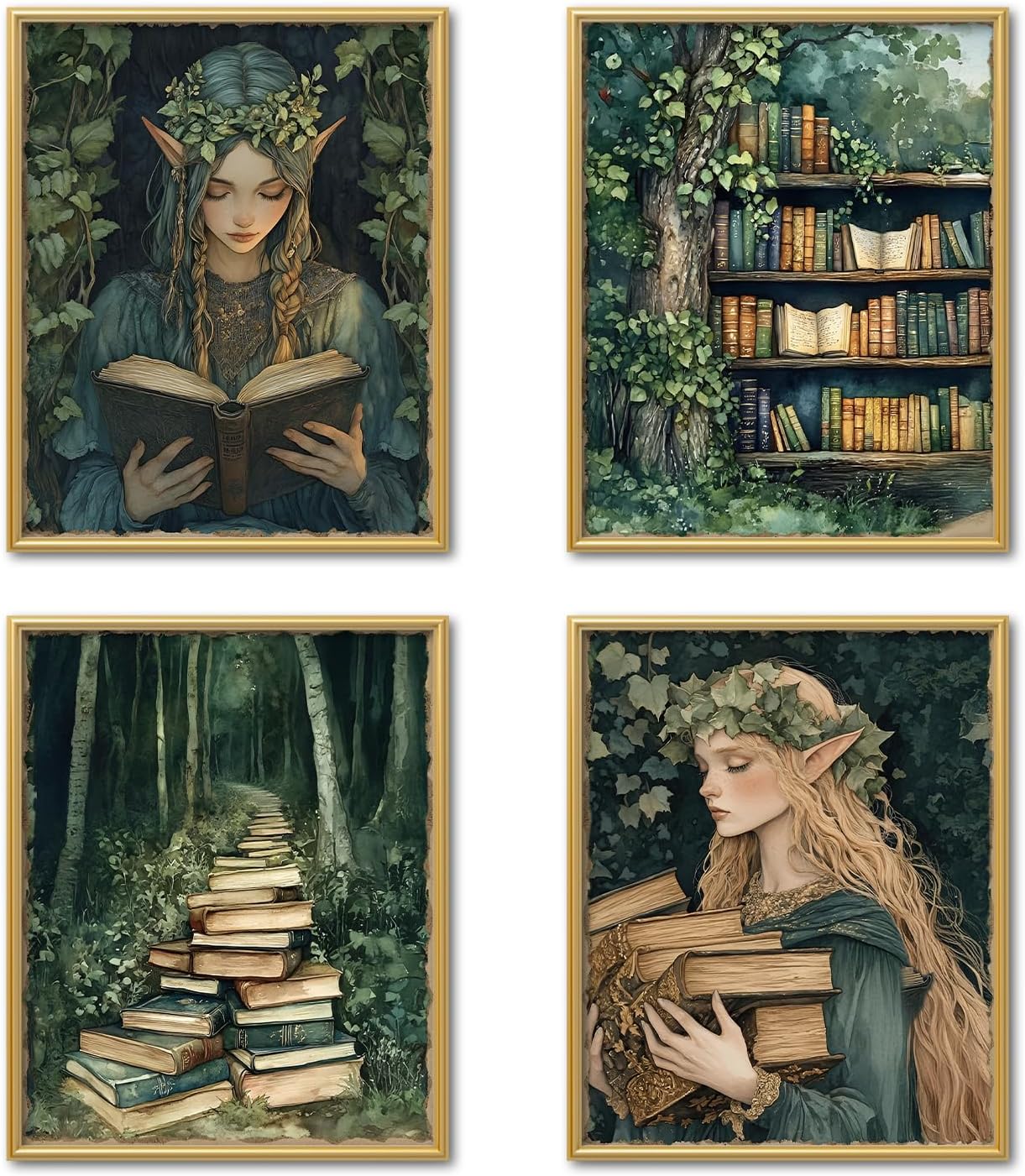 OCFMUHFP Vintage Reading Fairy Wall Art Posters Set of 4, Forest Reading Nook Corner Room Decor, Retro Green Bookish Prints Artwork for Library Book Store Club Wall Decor 8x10 Unframed