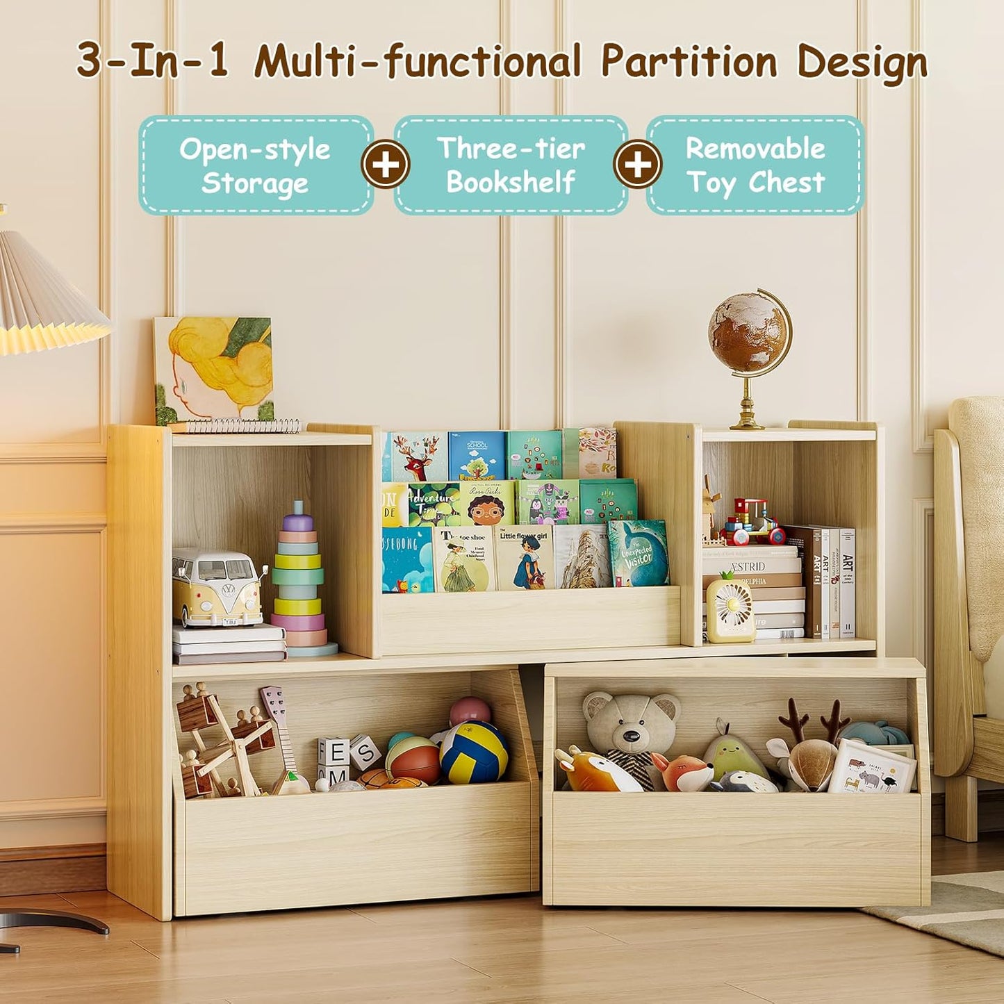 Kids Bookshelf and Toy Storage, 2-Tier Toddler Bookshelf with Storage Cubbies and 2 Movable Drawers on Wheels, Toy Storage Organizer, Montessori Bookcase for Kids Room, Playroom, Nursery