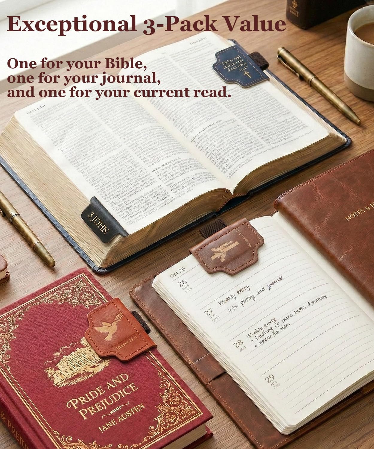 3-Pack Magnetic Leather Bookmarks with Integrated Pen Holder - Thin Page Markers for Bible Study, Laser Engraved Religious Christian Gifts for Women & Men, Page-Safe Magnets (Bible Verses)