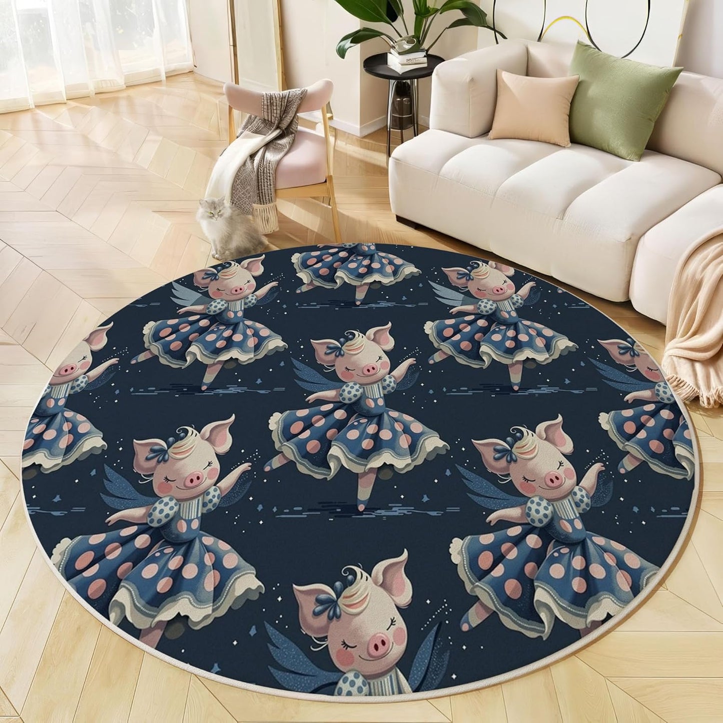 Washable Fun Dress Pig Area Rug, 3Ft Round Rugs for Living Room Soft Carpet for Bedroom Animal Starry Sky Indoor Stain Resistant Non-Shedding Floor Carpet, Dark Blue, 3Ft-Round