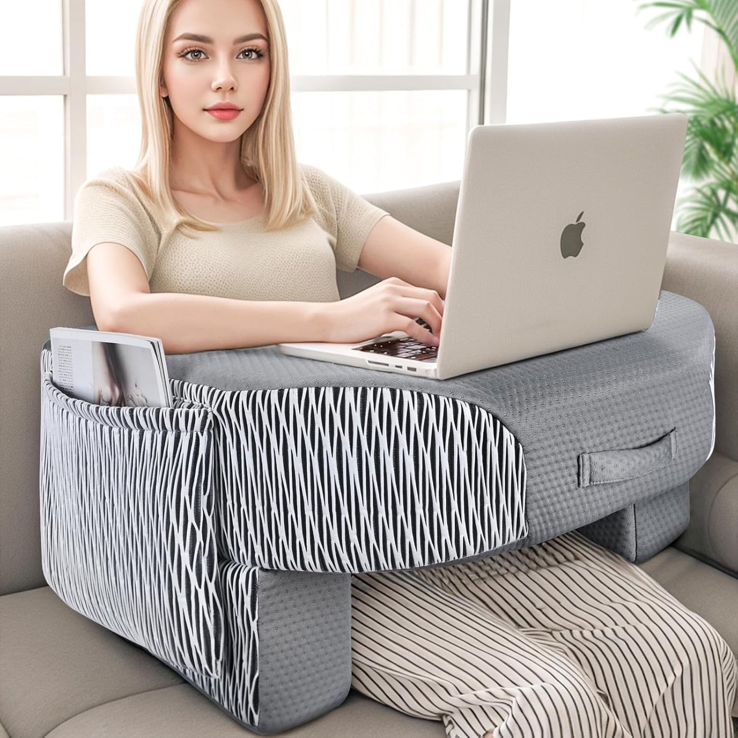 LEBENGURU Reading Pillow for Laptop, Extra Large Armrest Gaming Pillow for Working, Hight Adjustable Lap Desk Pillow for Adult Sitting in Bed, Floor, Sofa（Stripe and Grey）