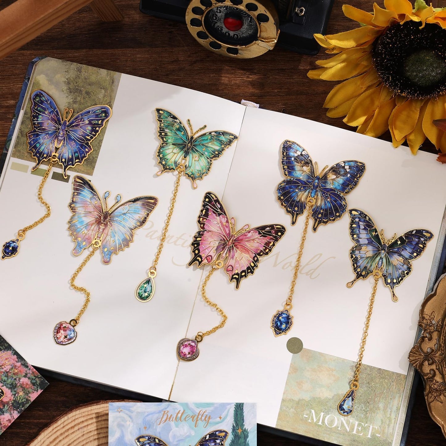 6 Pieces Metal Butterfly Bookmarks with Chain, Golden Hollow Bookmark Monet Oil Painting Theme Book Mark Bookmarks for Book Lovers Women Writers Readers Children Teens