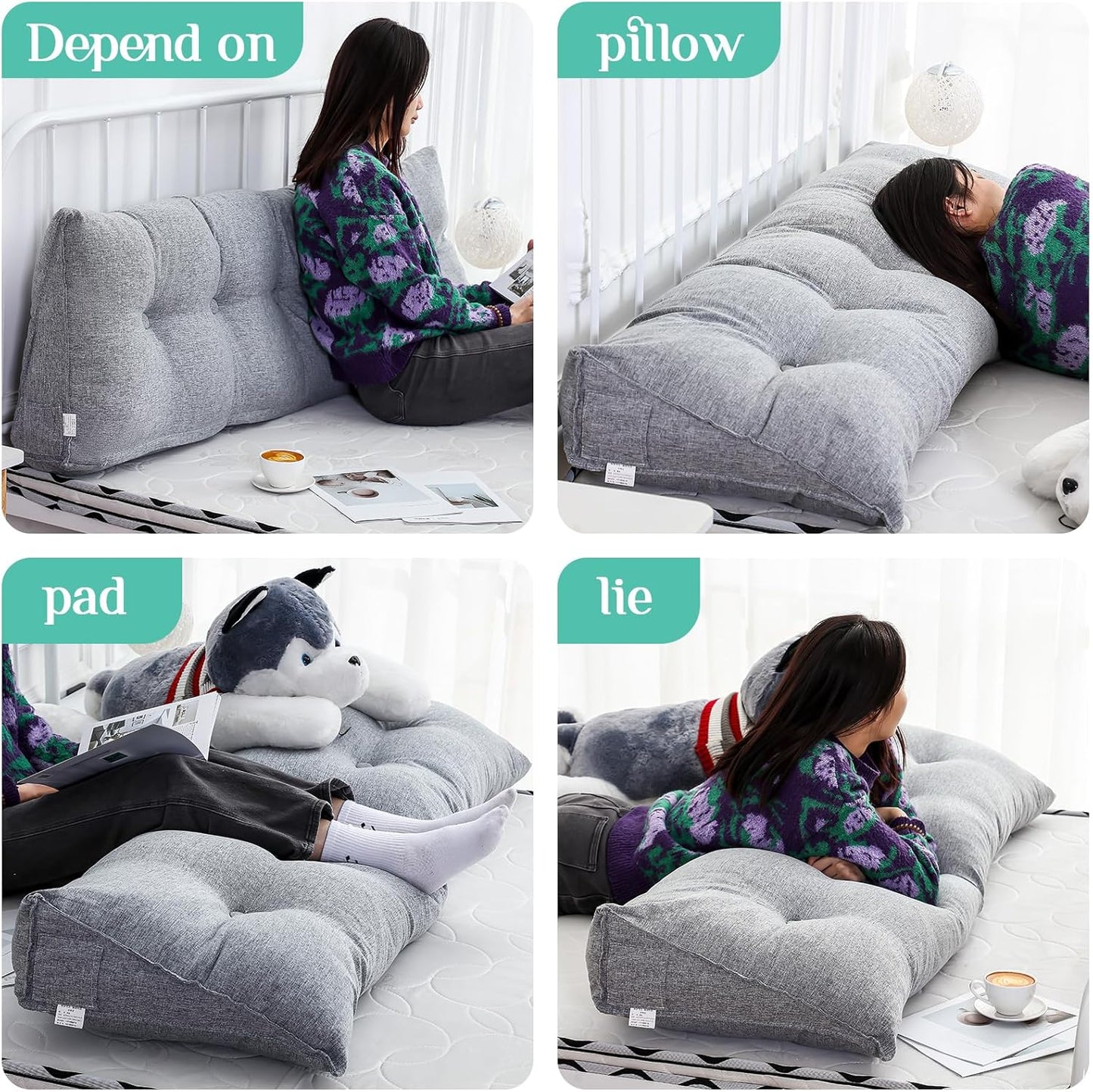 Wenqik Wedge Pillow Queen Triangular Headboard Bed Reading Backrest Back Support Long Pillow with Removable Cover for Dorm Room Supplies Housewarming Gift(Gray)