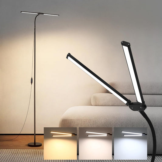 18W Dual Head LED Floor Lamp, Extended Flexible Gooseneck, Eye-Caring 3 Color Modes & 10 Brightness Levels, 4 Detachable Poles, USB Standing Light for Living Room, Bedroom, Office Reading
