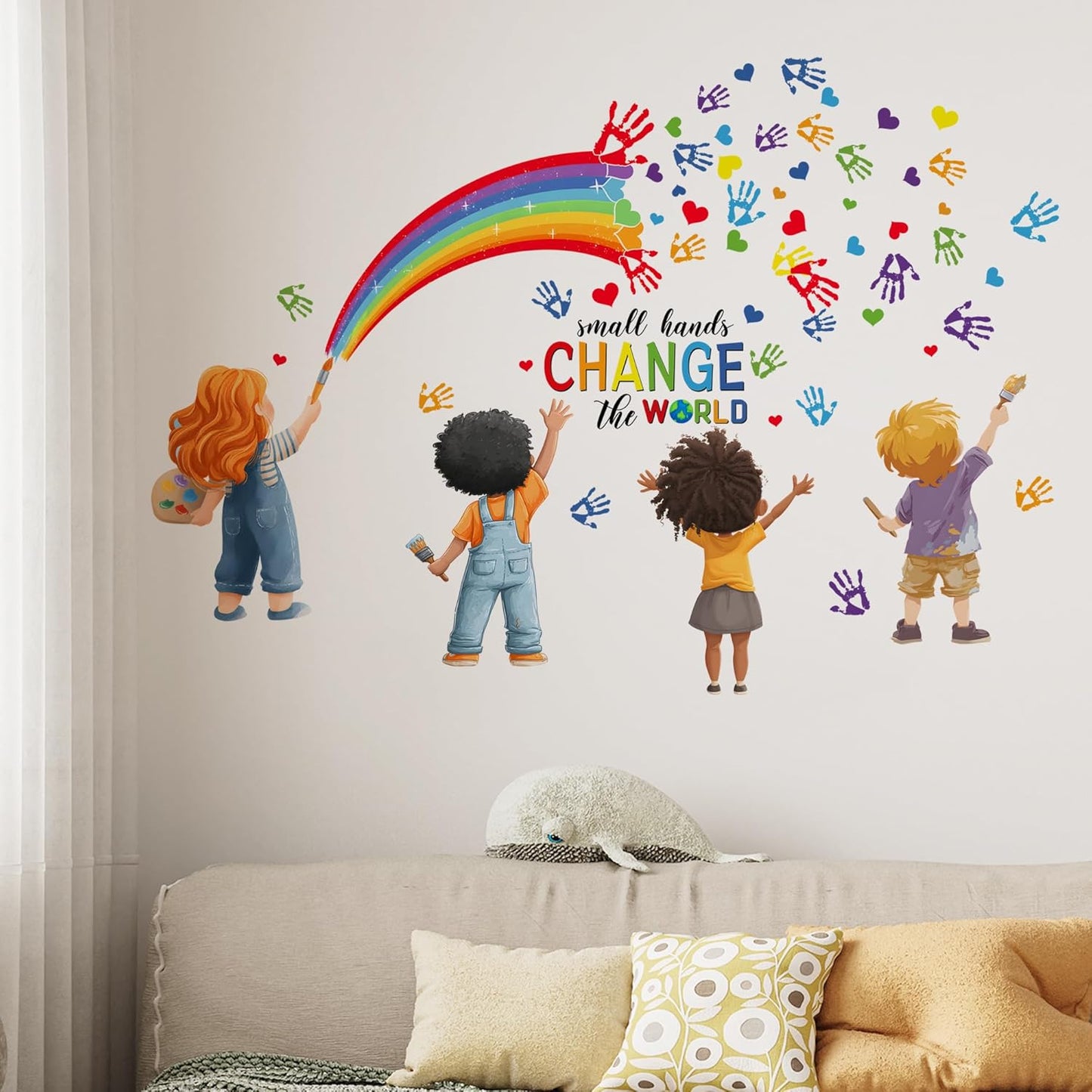 Small Hands Change The World Equality Wall Decal,Peel and Stick Inspirational Quote Rainbow Art Wall Sticker Decors,for Kids Bedroom Nursery Playroom Classroom Library Reading Corner Decoration