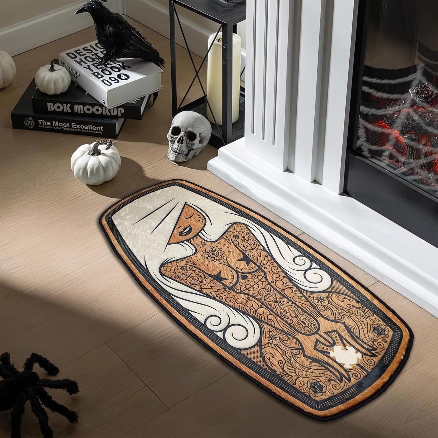 Tattoo Woman Coffin Shape Rug Nonslip Floor Mat for Bedroom Living Room Soft Gothic Carpet Witchy Room Aesthetic Spooky Decor Goth Girl Gift 1.3x2.6