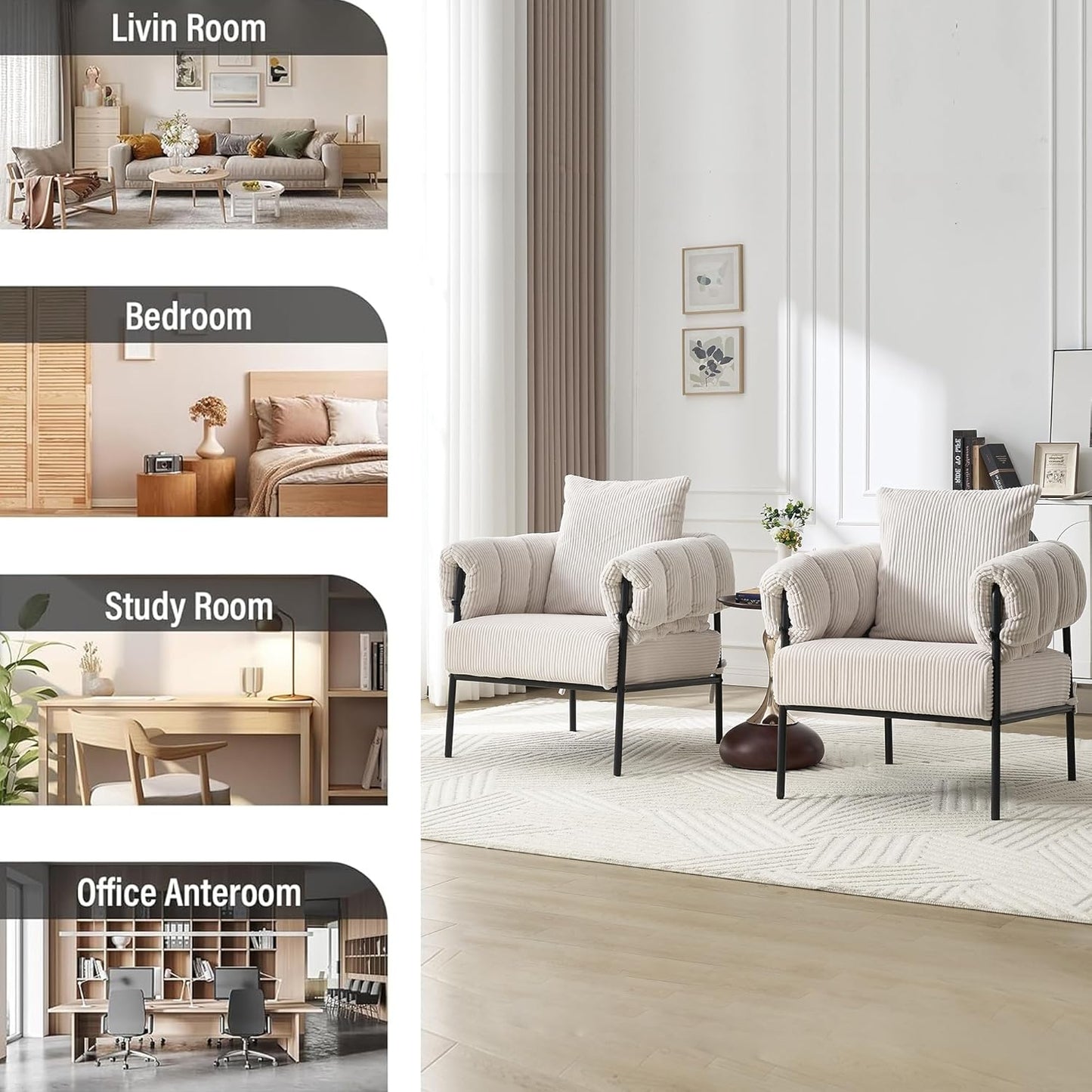 Modern Velvet Accent Chairs Set of 1, Comfy Large Living Room Sofa Chair, Upholstered Fabric Armchair with Pillow and Metal Legs for Office/Bedroom/Reading Beige