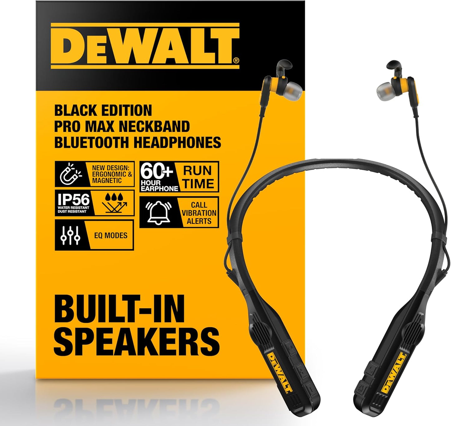 DEWALT Heavy Duty Black Edition 2-in-1 Neckband Bluetooth Headphones w/Built-in Speakers, Jobsite Wearable Speaker & Around Neck, Wireless Headset, 60+ Hrs Hands-Free Music & Calls, Carry Pouch