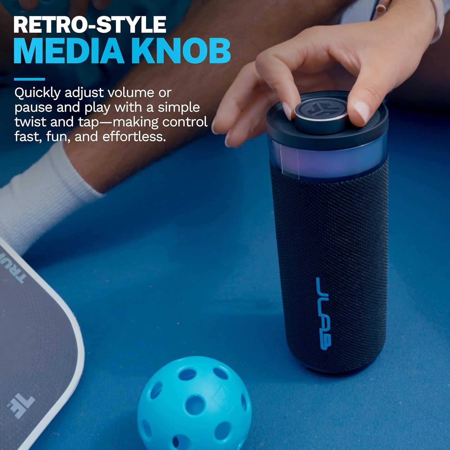 JLab Go Party Portable Bluetooth Speaker, Midnight Black, 10 Watts of Power, 16+ Hours of Playtime, IP56 Waterproofing, Customizable RGB LED Lighting, Lab Sync Up to 100 Speakers, Custom Sound in-App