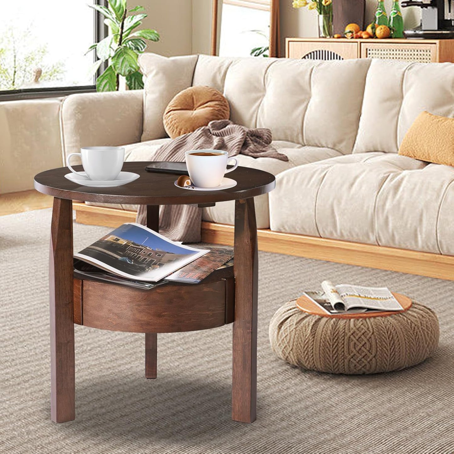 Round Coffee Table with Storage and Hidden Drawer - 20" D x 20" H Natural Wood Side Table with Sliding Drawer, Small Coffee Table for Living Room, Round Nightstand with Drawer, Dark Brown
