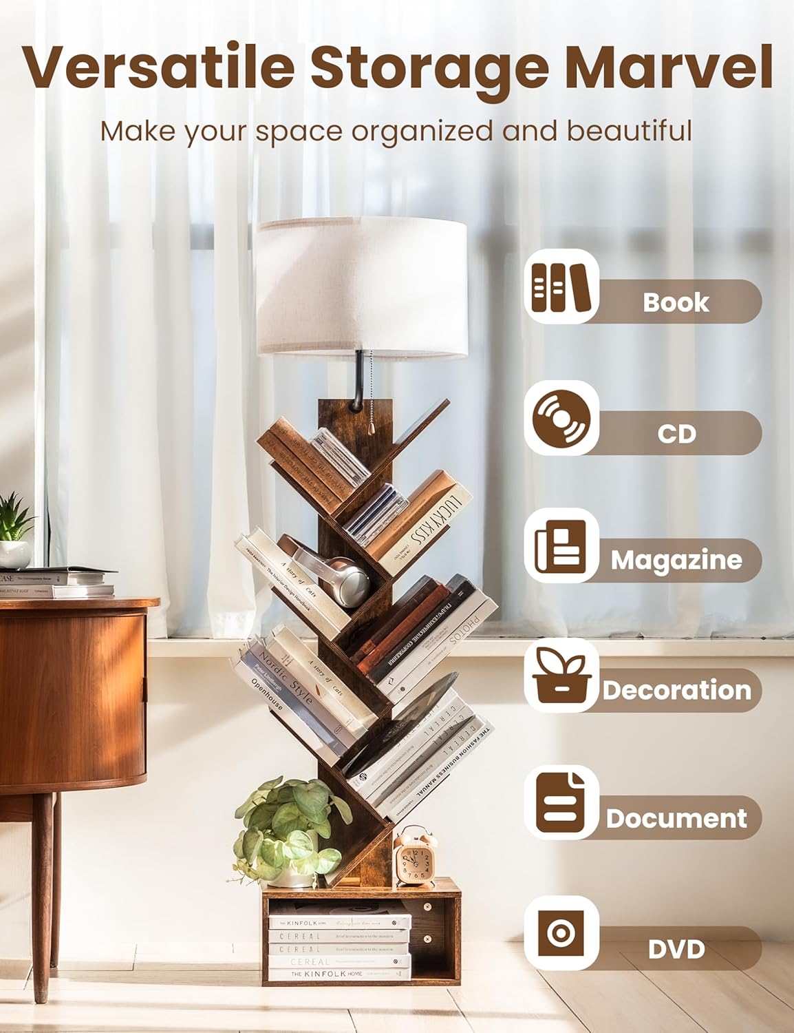6 Tier Tree Bookshelf with Light, Corner Tall Narrow Bookshelf, Small Bookcase with Storage Cabinet,Floor Standing Bookshelves Organizer for Bedroom/Living Room/Home Office, Rustic Brown