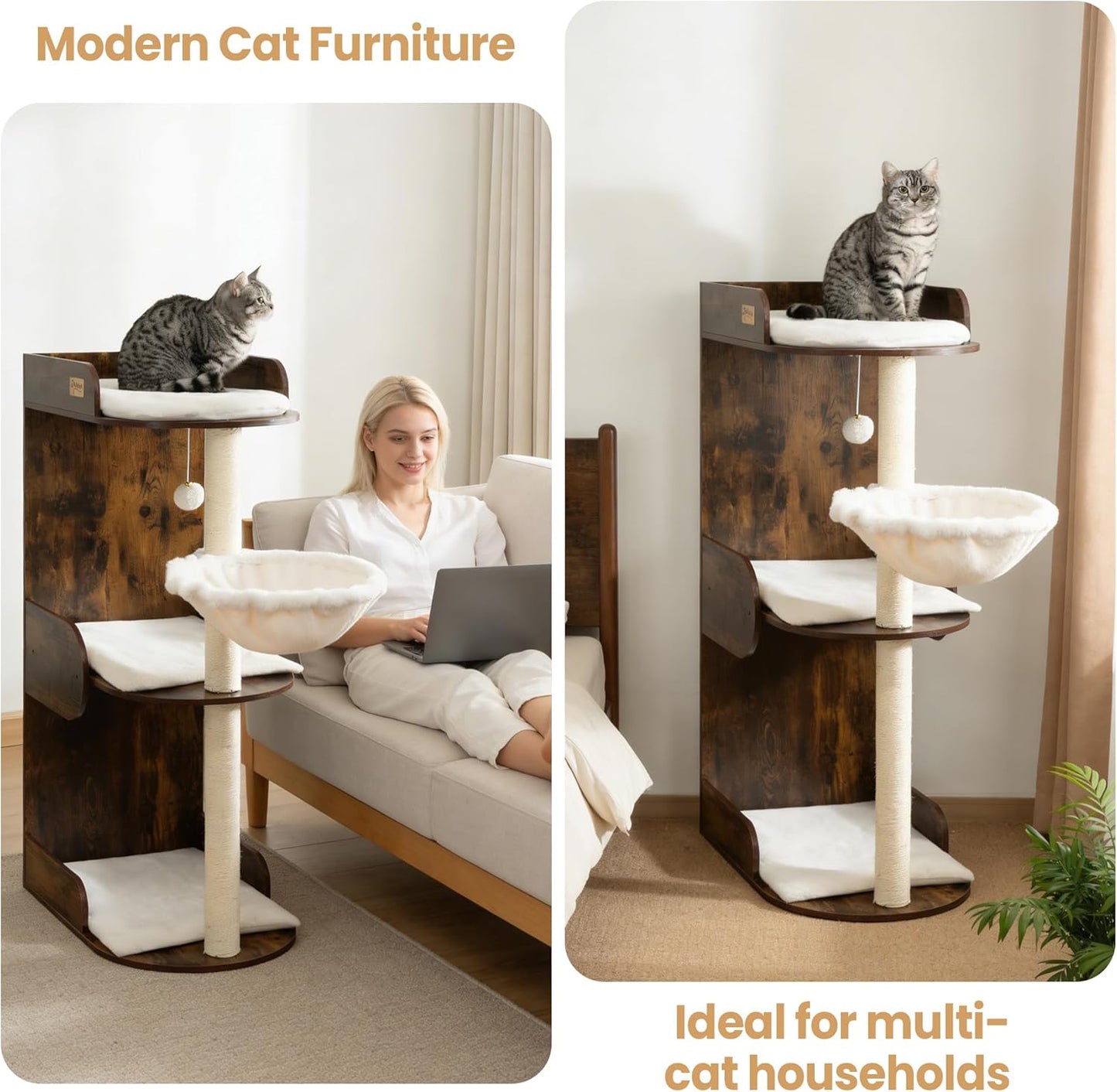 Modern Wood Cat Tree Tower for Indoor Large Cats, Cat Scratching Posts with Big Perch Bed, 44.8" Tall Multi-Level Wooden Cat Condo with Hammock, Removable Pads, Kitty Furniture, Rustic Brown