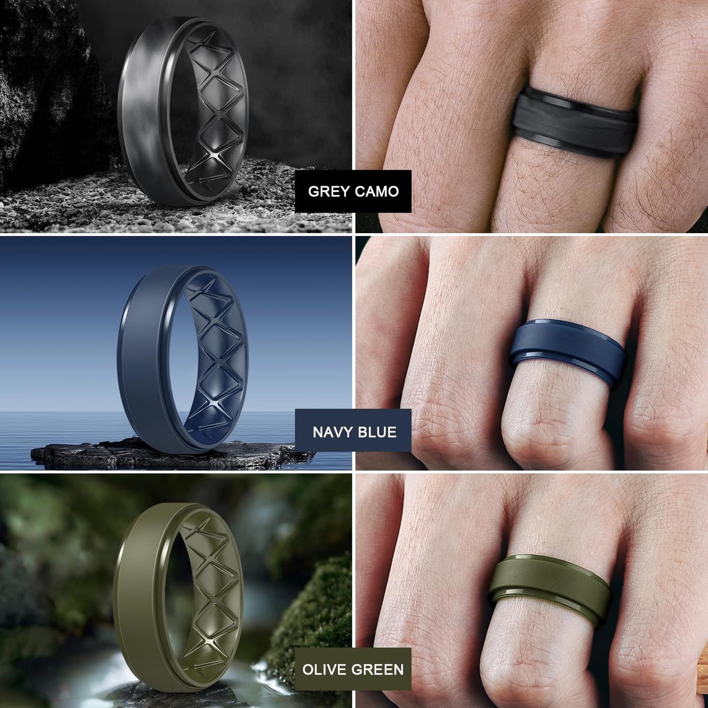 Egnaro Men's Rings 8.5mm Wide-2mm Thick Inner Arc Ergonomic Breathable Rubber Wedding bands-Hypoallergenic for Gym/Outdoor/Gift((1-7 Variety Pack with Half Size)