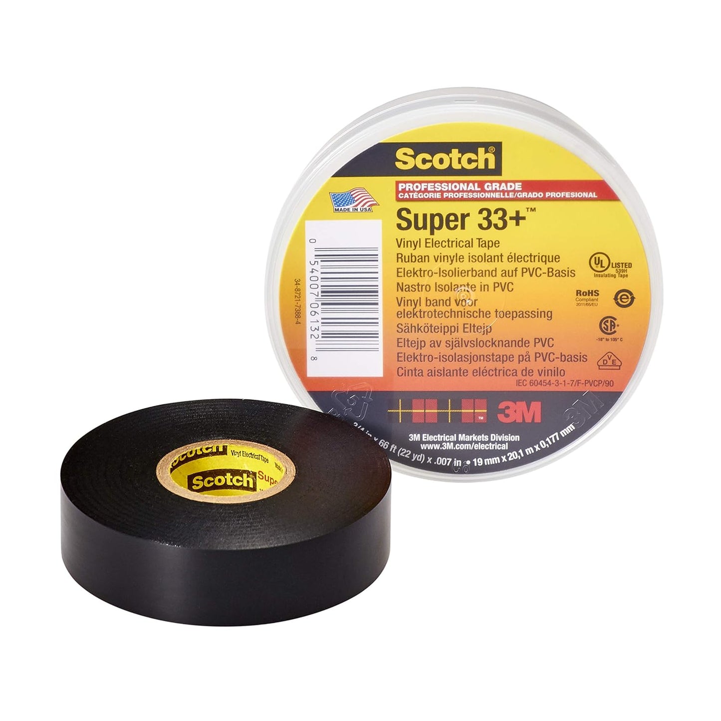 3M Scotch Super 33+ Electrical Tape - 3/4 in x 52 ft, Premium Grade All-Weather Vinyl, Resistant to Abrasion, Moisture, Corrosion, Alkalies - Black, 1 Roll