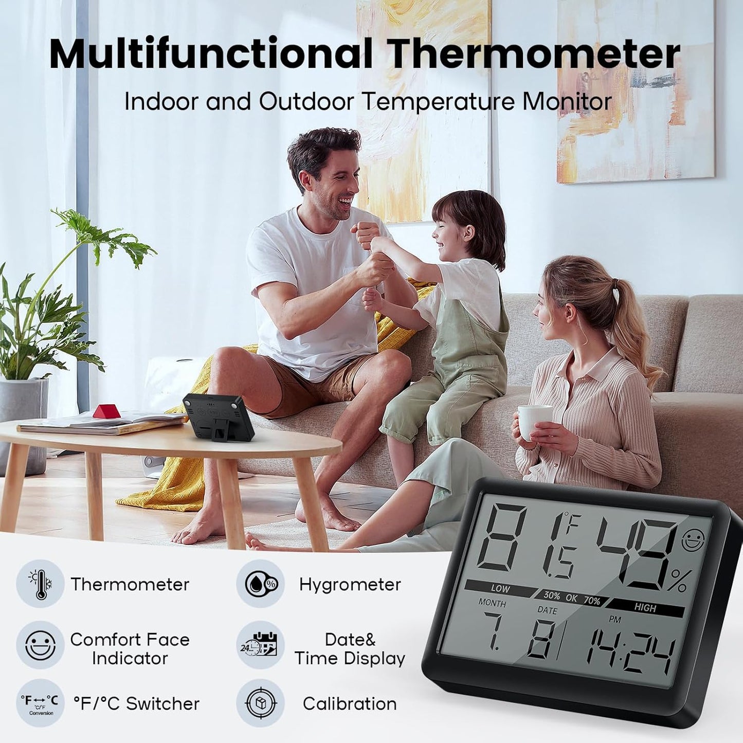 Deeyaple Humidity Meter Thermometer Digital Travel Clock Magnetic Battery Powered High Accuracy Display Temperature(℉/℃) Date 12/24H Time LCD Large Number Outdoor Indoor Hygrometer No Alarm