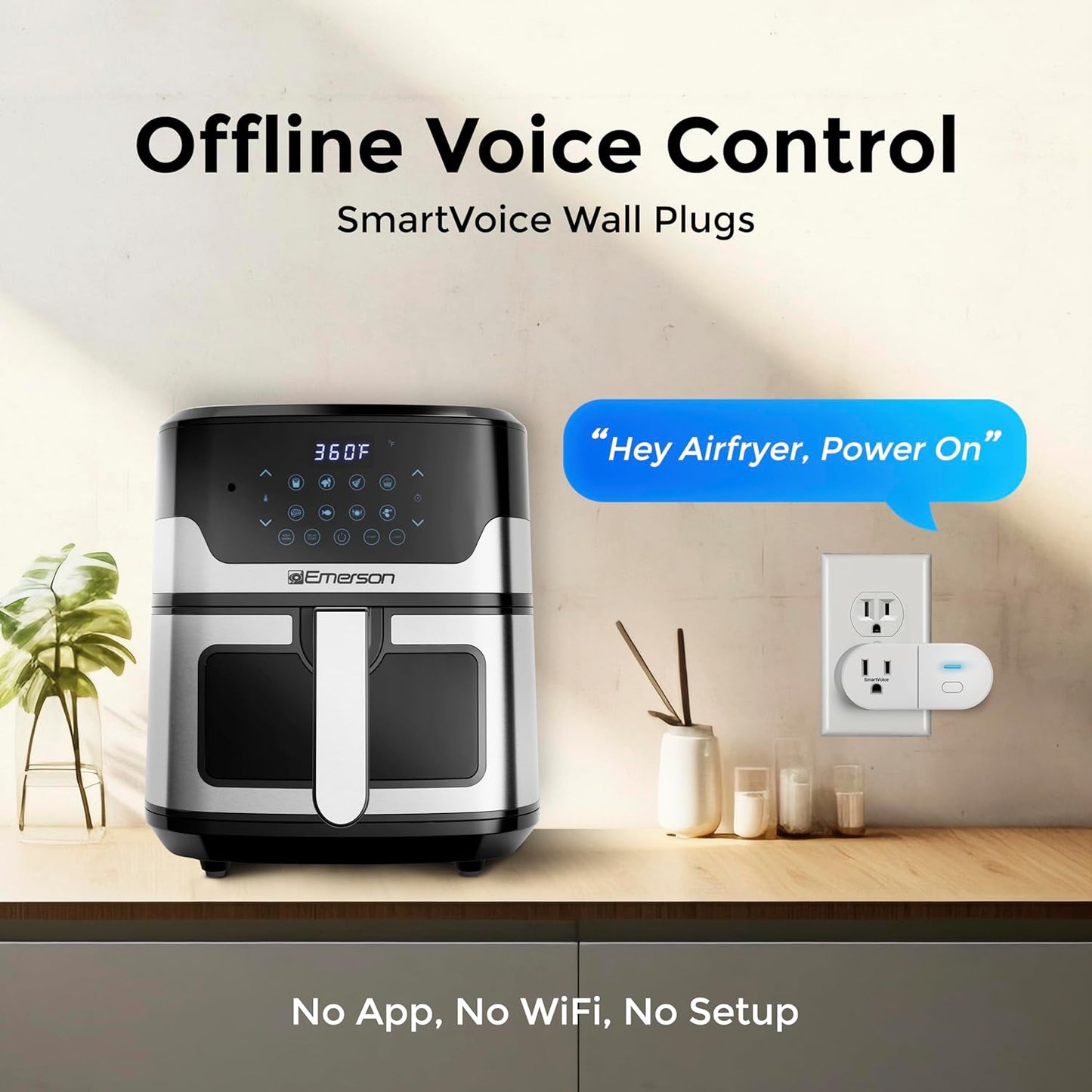 Emerson SmartVoice ES513 Wall Plug, Offline 30+ Voice Control Commands - No APP, No WiFi, No Setup, Smart Outlet Extender for Home and Office, Sleep & Wake Timer, ETL Listed