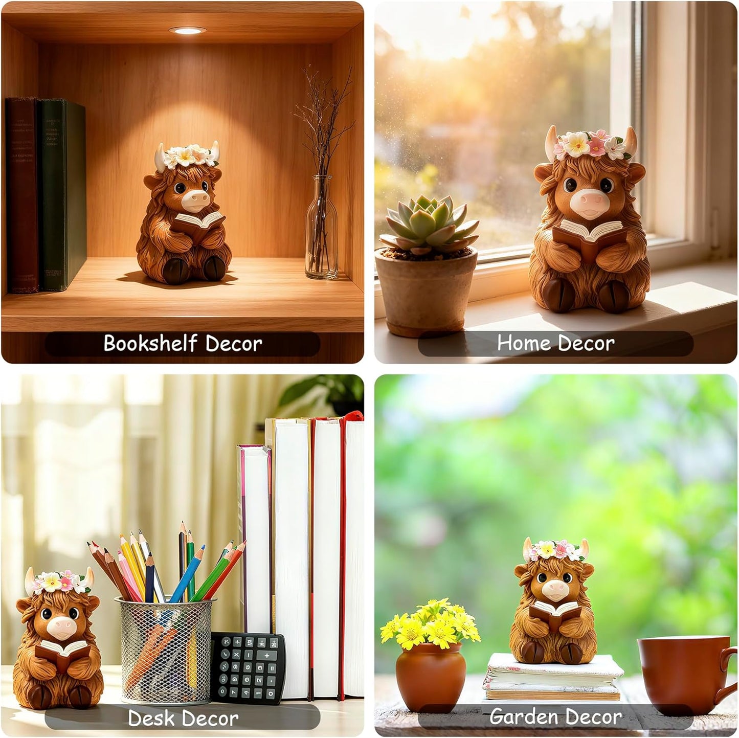 Highland Cow Figurine for Book Shelf Decor, Highland Cows Themed Gifts for Women, Resin Figures Home Desk Decorations Accents (Read)