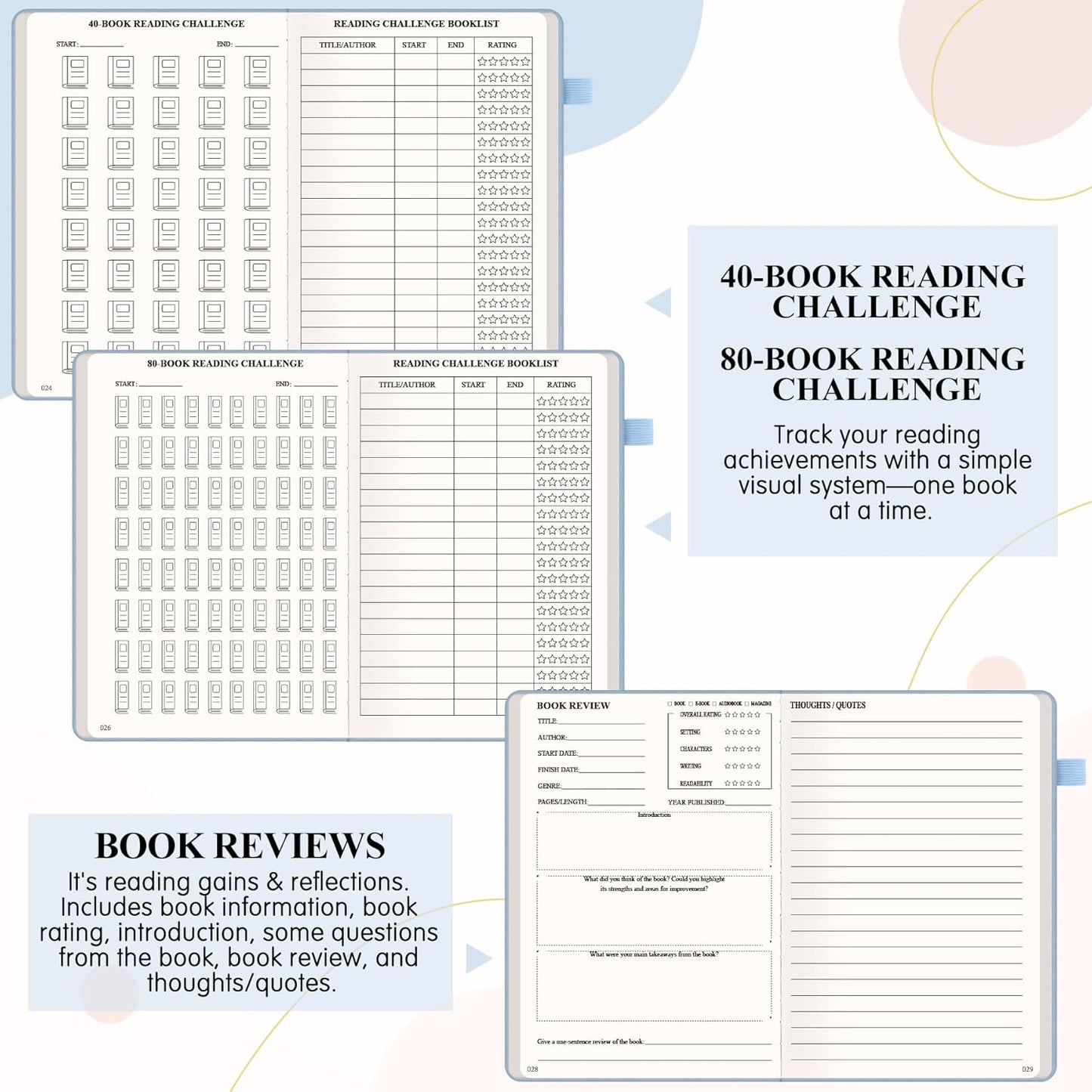 AKONEGE Reading Journal for Book Tracking - PU Leather Book Journal Reading Log with 80 Reviews for Readers, Accessories with Sticky Tabs, Pen Holder, Ribbon Bookmarks, 5.6" x 8.3", Light Blue
