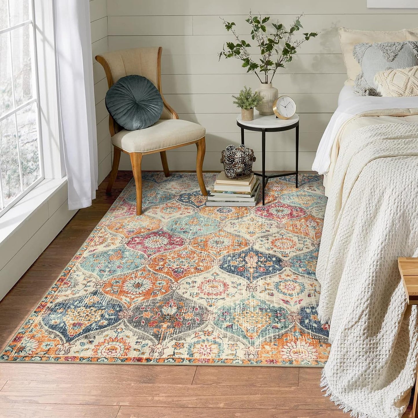 Lahome Moroccan Trellis Washable Small Area Rug, 3x5 Area Rug for Bedroom Living Room, Non-Slip Oriental Accent Throw Carpet for Kitchen Office Entryway Bathroom Office Elise, Cream/Multi