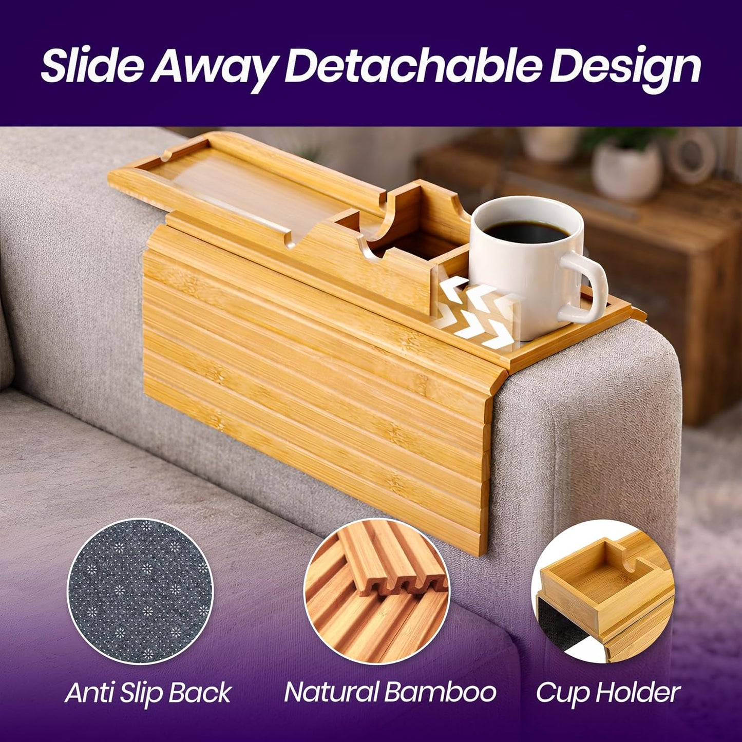 Bamboo Couch Armrest Table, Couch Arm Tray with Removable Couch Cup Holder, 2 in 1 Anti-Slip Foldable Sofa Armchair Caddy Table for Drinks Cellphone TV Remote Snacks, Anti-Slip