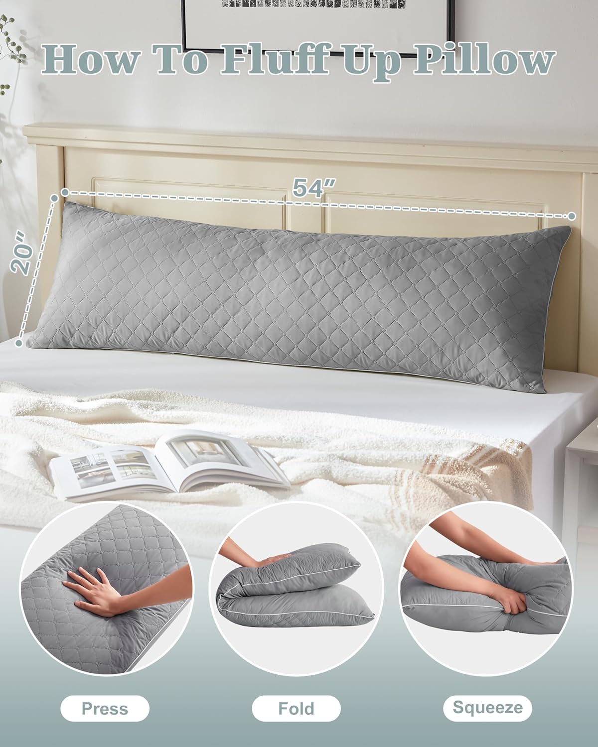YZ HOME Long Body Pillow for Adults - Firm Body Pillow Insert with Shredded White Memory Foam, Adjustable Height, Soft Support for Side Sleeping, Pregnant Women, Washable (Grey, 20x54 Inch)