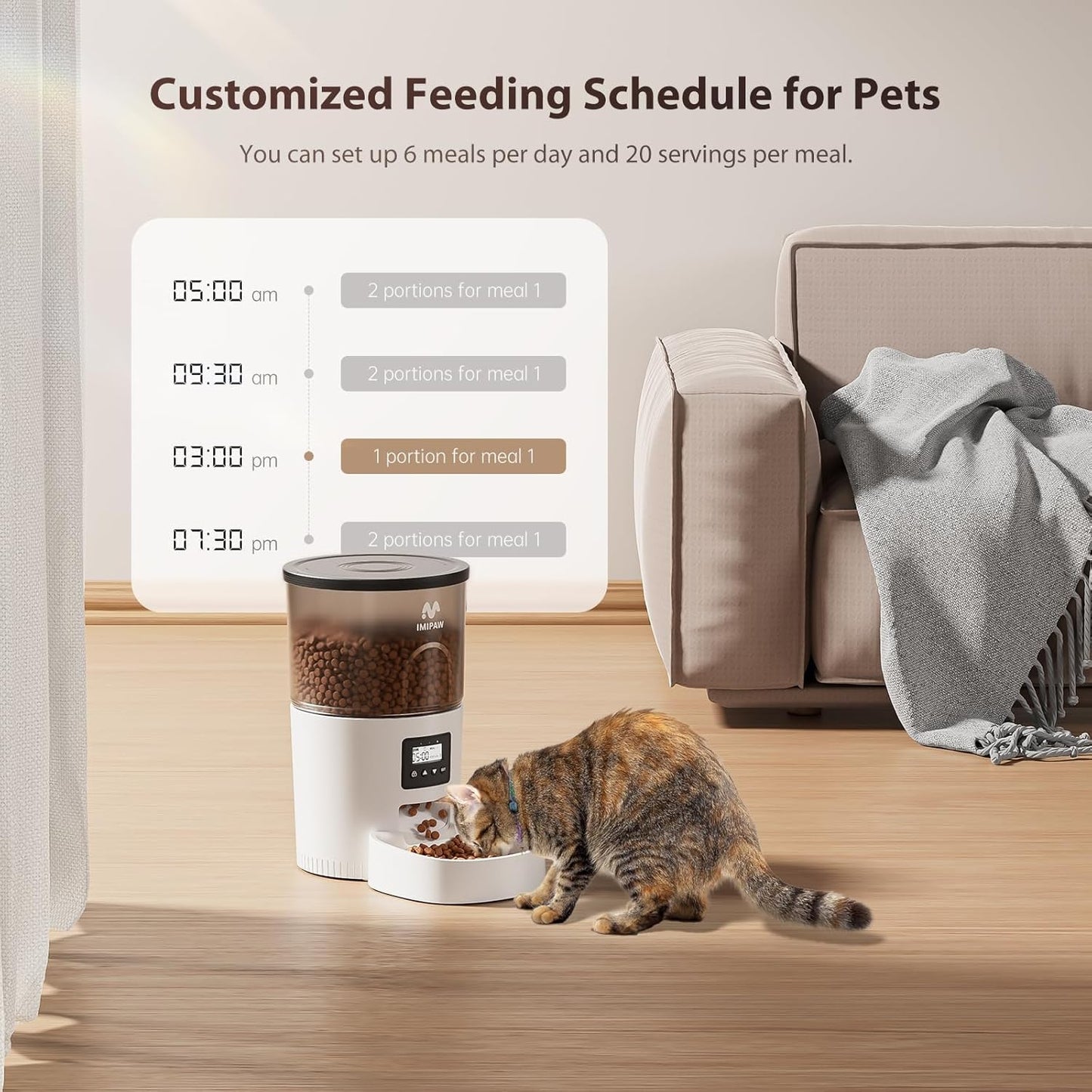 IMIPAW Automatic Cat Feeders, 3L Timed Cat Dry Food Dispenser with Desiccant Bags, Dual Power Supply, Programmable Portion Size, 6 Meals, 20 Portions Per Day, Auto Pet Feeder for Cats and Small Dogs