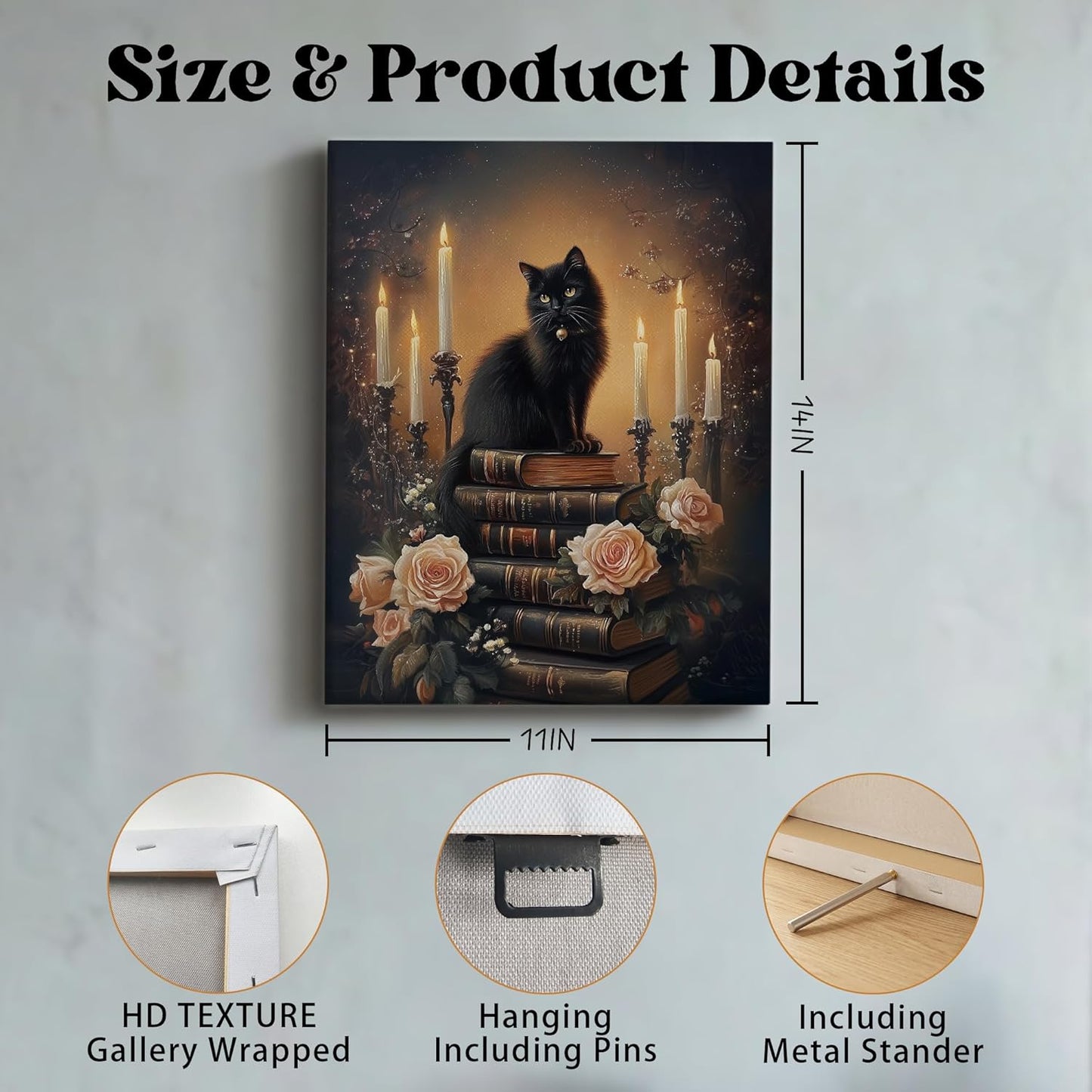 YZRFC Dark Academia Black Cat Wall Art Framed, Vintage Floral Moody Black Cat Book Art Wall Decor Canvas Artwork Poster for Home Bedroom Reading Nook Corner, 11x14 Inch