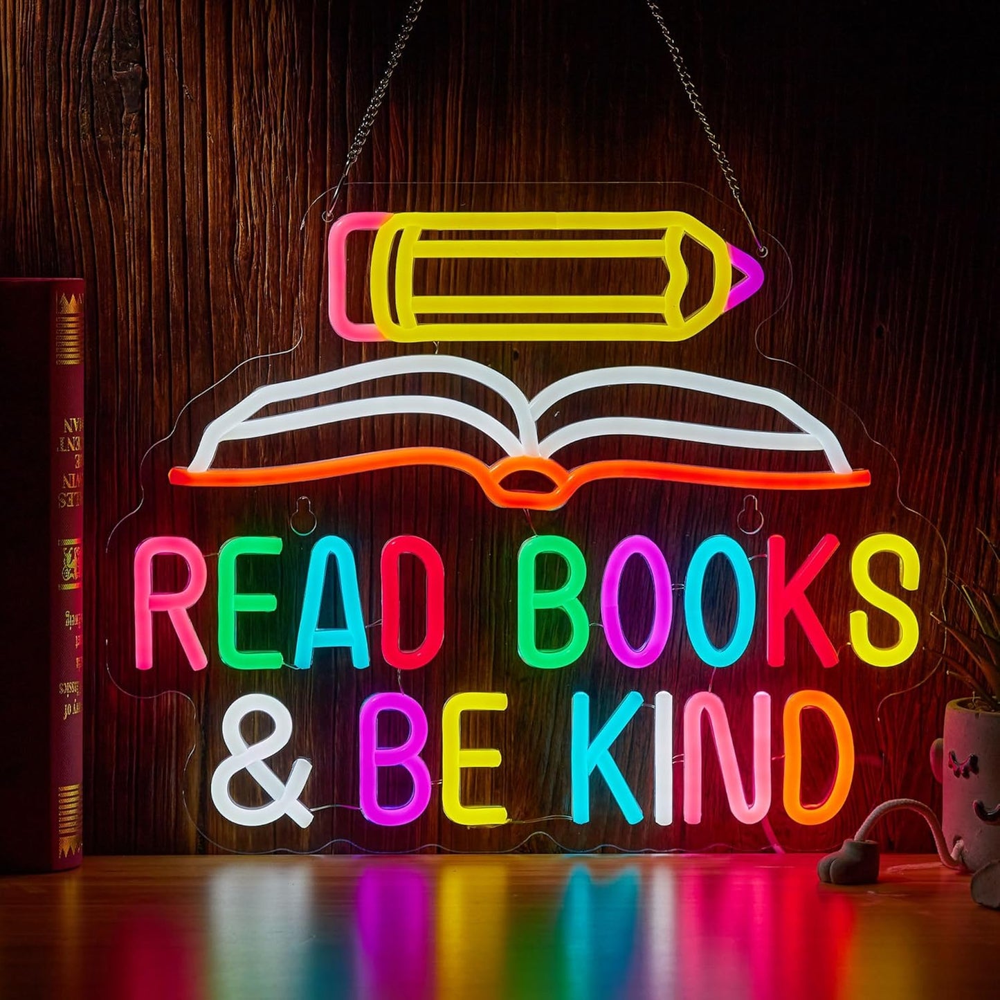 Read Books and Be Kind Neon Sign Pencil Book Neon Light Student LED Neon Light Colorful Neon Light Up Signs for Classroom Bookstore Library Museum Study Room