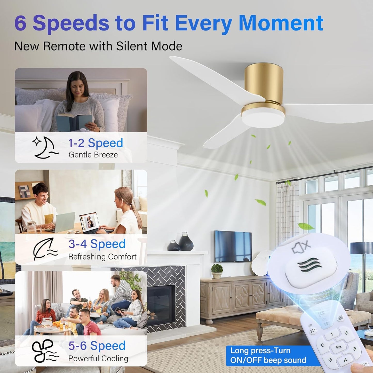 42 Inch Smart Ceiling Fans with Lights and Remote,Low Profile Ceiling Fan Voice Control via WIFI Alexa App,Modern Flush Mount Ceiling Fans,White and Gold Fan for Bedroom,Patio,Porch,Outdoor Indoor Use