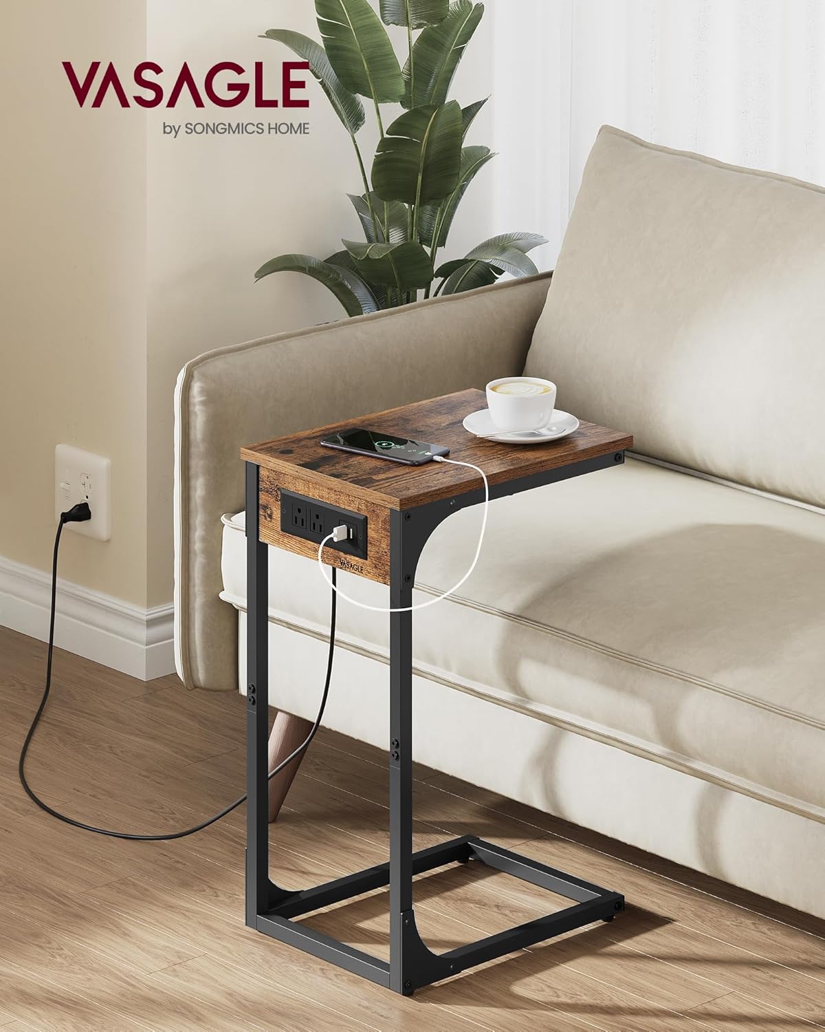 VASAGLE C-Shaped Side Table, End Table with Charging Station, C Table for Couch, Sofa, Adjustable Feet, for Bedroom, Living Room, 2 USB Ports and Outlets, Rustic Brown ULET362K01