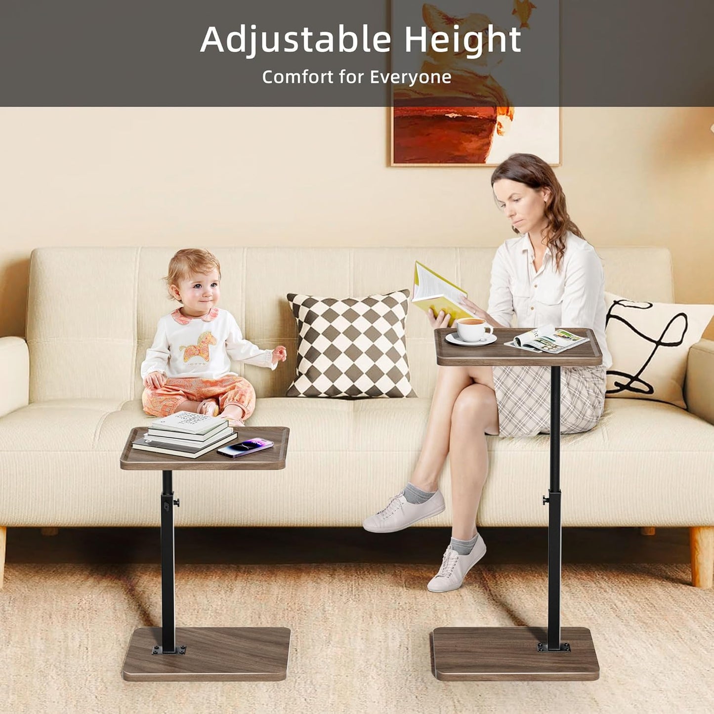 C Shaped End Table Adjustable Height Set of 2,360° Swivel Sofa Table Tray,Couch Tables That Slide Under,C Shaped Side Table for Sofa Living Room,Bedroom,Snack Table (Rustic Brown)