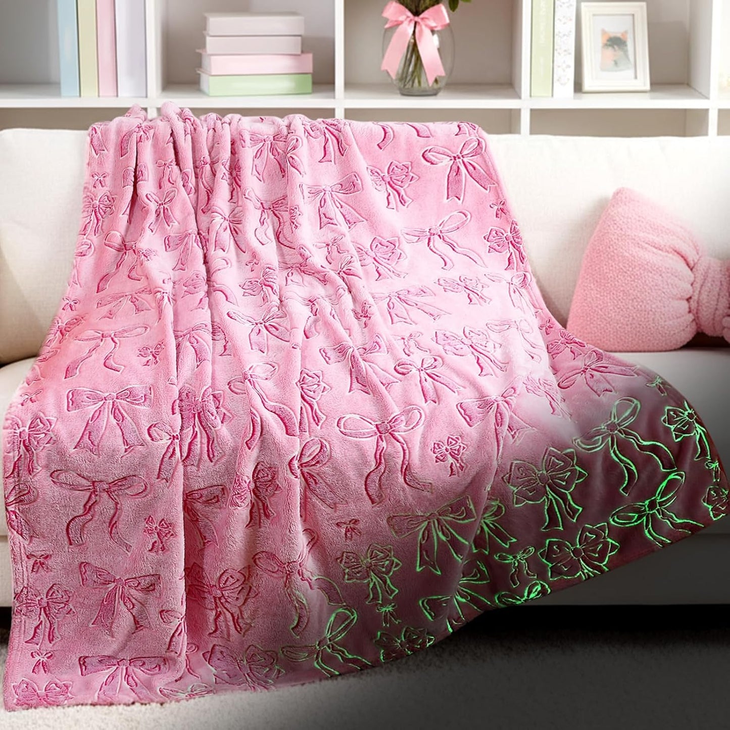 Bow Blanket Glow in The Dark Blanket Soft Cozy Flannel Glow Throw Warm Luminous Throw Gift for Girls Boys Women Men Nursery Bed Sofa Couch Travel Birthday, 50" x 60" (Pink)