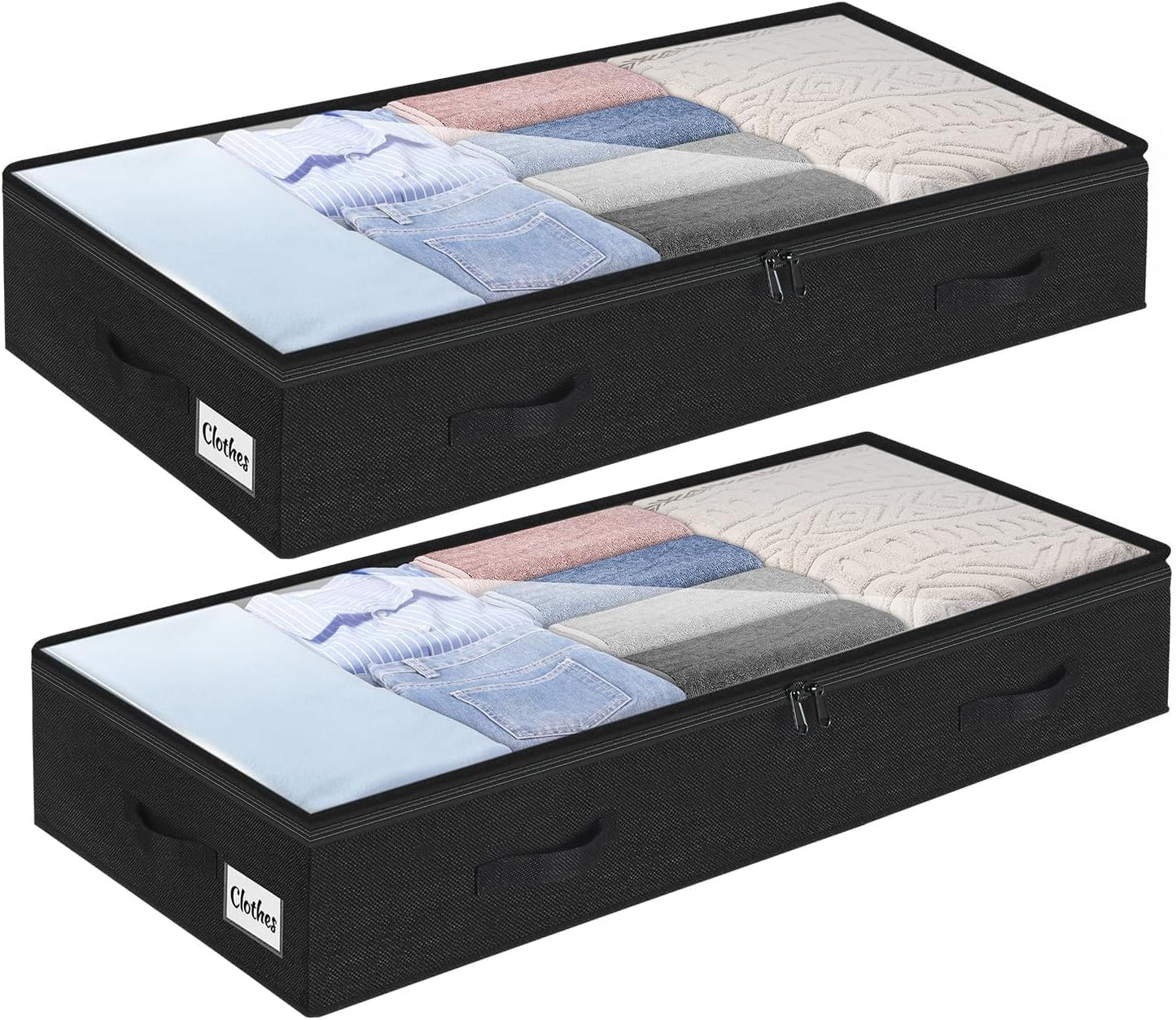 2 Pack 100L Under Bed Storage Containers, Low Profile Closet Organizers and Storage Bins for Dorm, Foldable Underbed Bag for Clothes, Blanket, Sheet, Wrapping Paper, Clear Window & Dual Zippers, Black