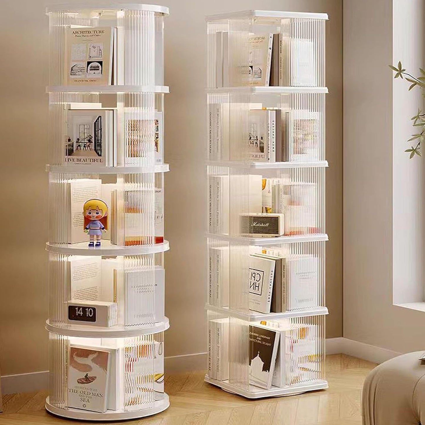5 Tier Rotating Bookshelf Tower, 360° Rotating Bookshelf, Space Saving Rotating Bookshelves, Revolving Bookcase Suitable for Bedrooms, Living Rooms, Studies and Offices, White, Lazy Susan