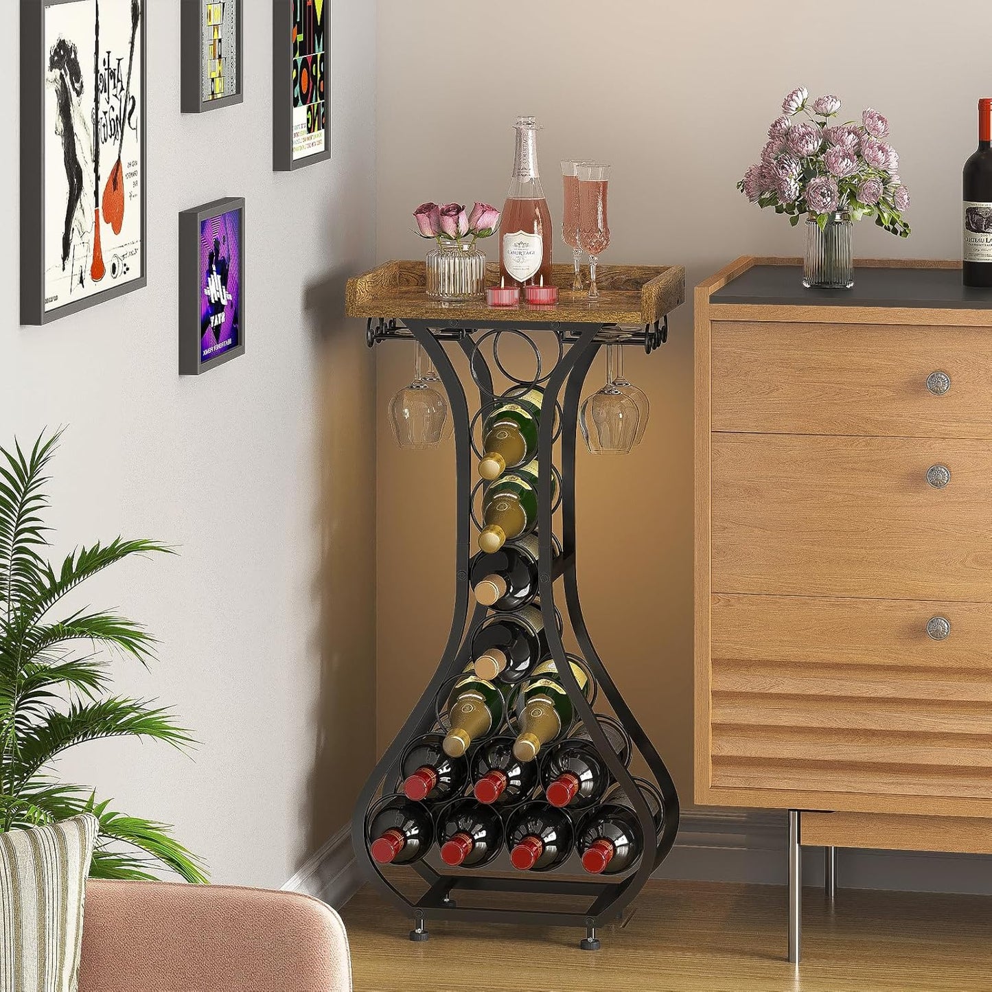 X-cosrack Wine Rack Freestanding Floor, Mini Bar Table Wine Holder Stand Liquor Cabinet with Glass Holder Wood Tabletop 14 Bottles Floor Wine Storage for Home Bar Kitchen Living Room