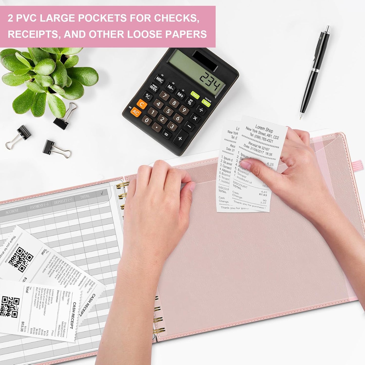 HAUTOCO Hardcover Accounting Ledger Book for Small Business Bookkeeping Horizontal Money Expense Tracker Notebook with 2 Storage Pouch, Personal Columnar Log Journal 10.78 x 8'', Rose Gold