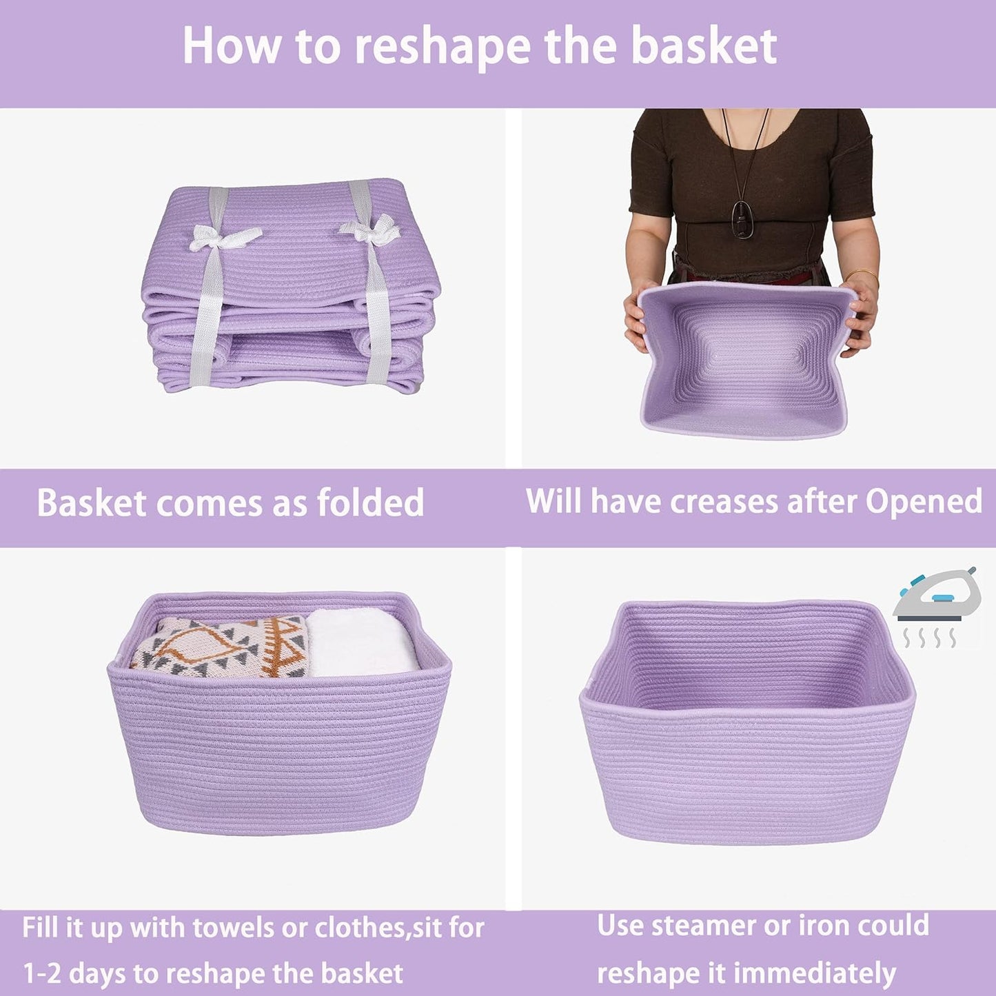 Cotton Rope storage Basket Bins Woven Basket for Organizing Shelves 15X10X9.3" Rectangle Decorative Baskets For storage Clothes Toys Books Towels Nursery basket organizer 3 pack purple or lavender